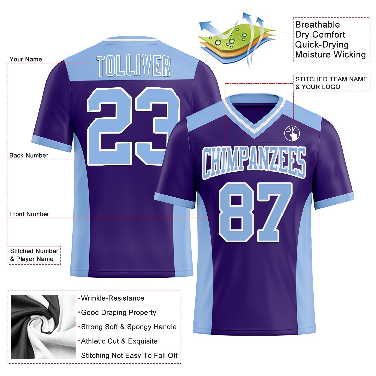 Custom Purple Light Blue-White Authentic Football Jersey