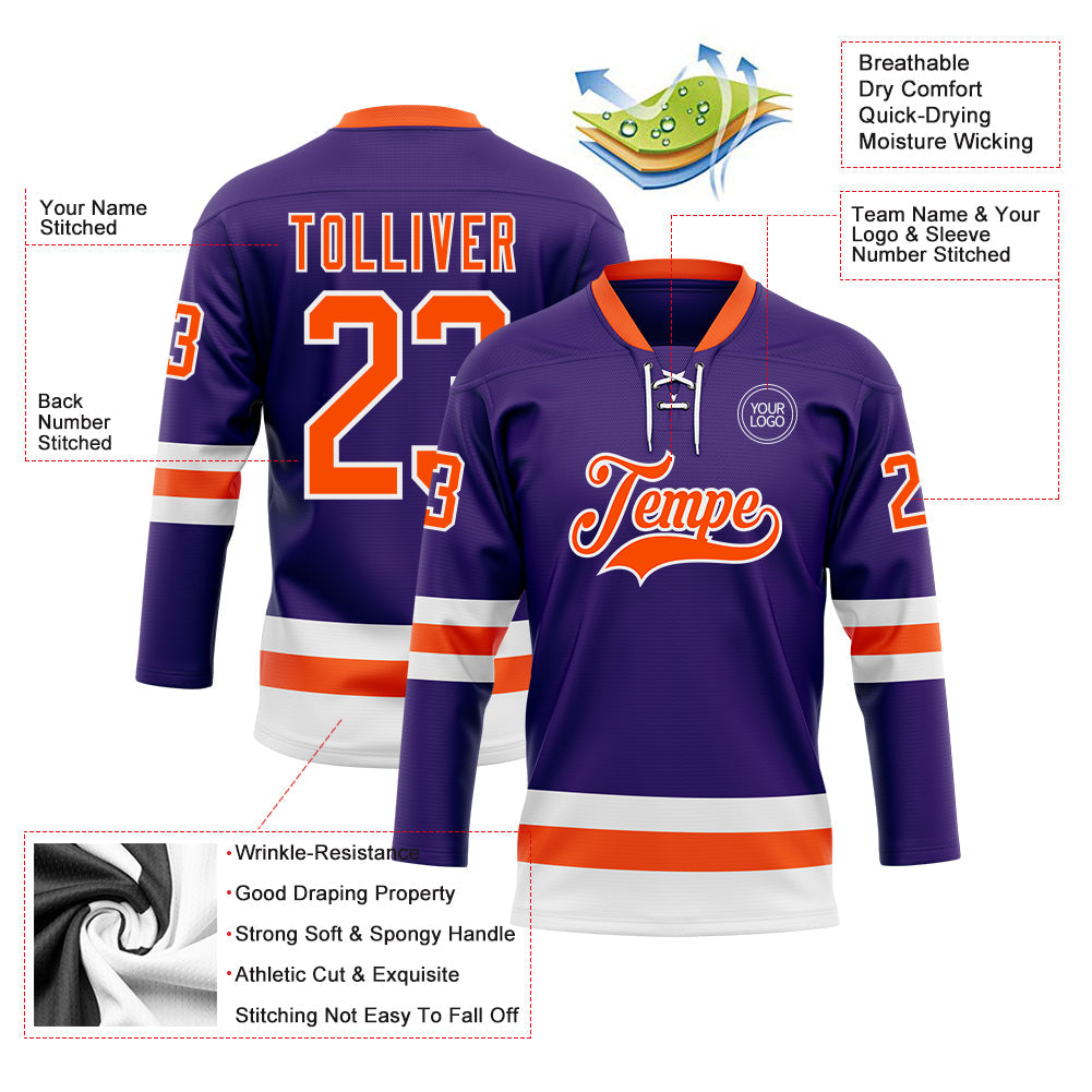 Custom Purple Orange-White Hockey Lace Neck Jersey