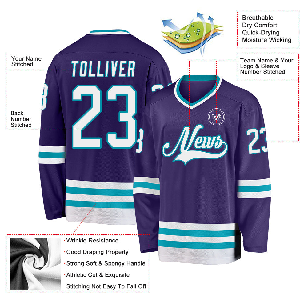 Custom Purple White-Teal Hockey Jersey