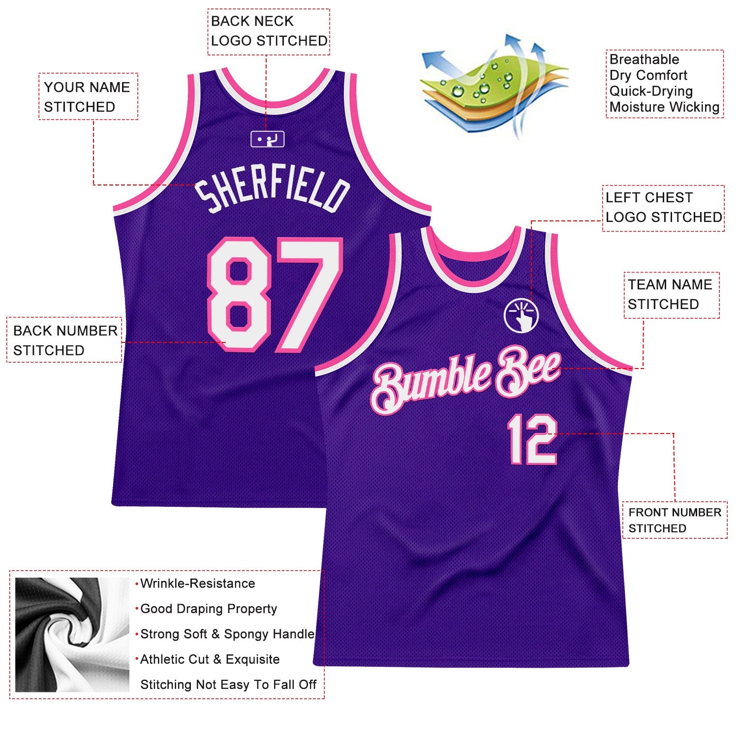 Custom Purple White-Pink Authentic Throwback Basketball Jersey