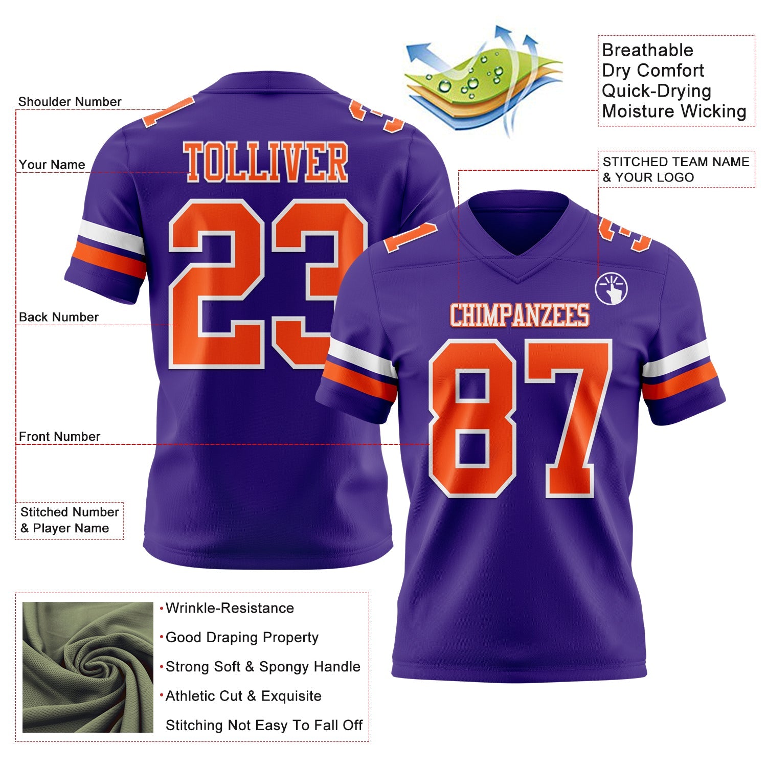 Custom Purple Orange-White Authentic Football Jersey