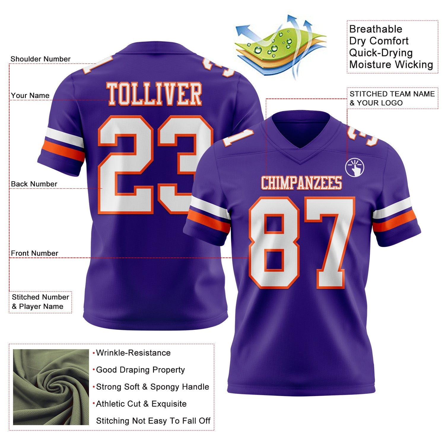 Custom Purple White-Orange Authentic Football Jersey