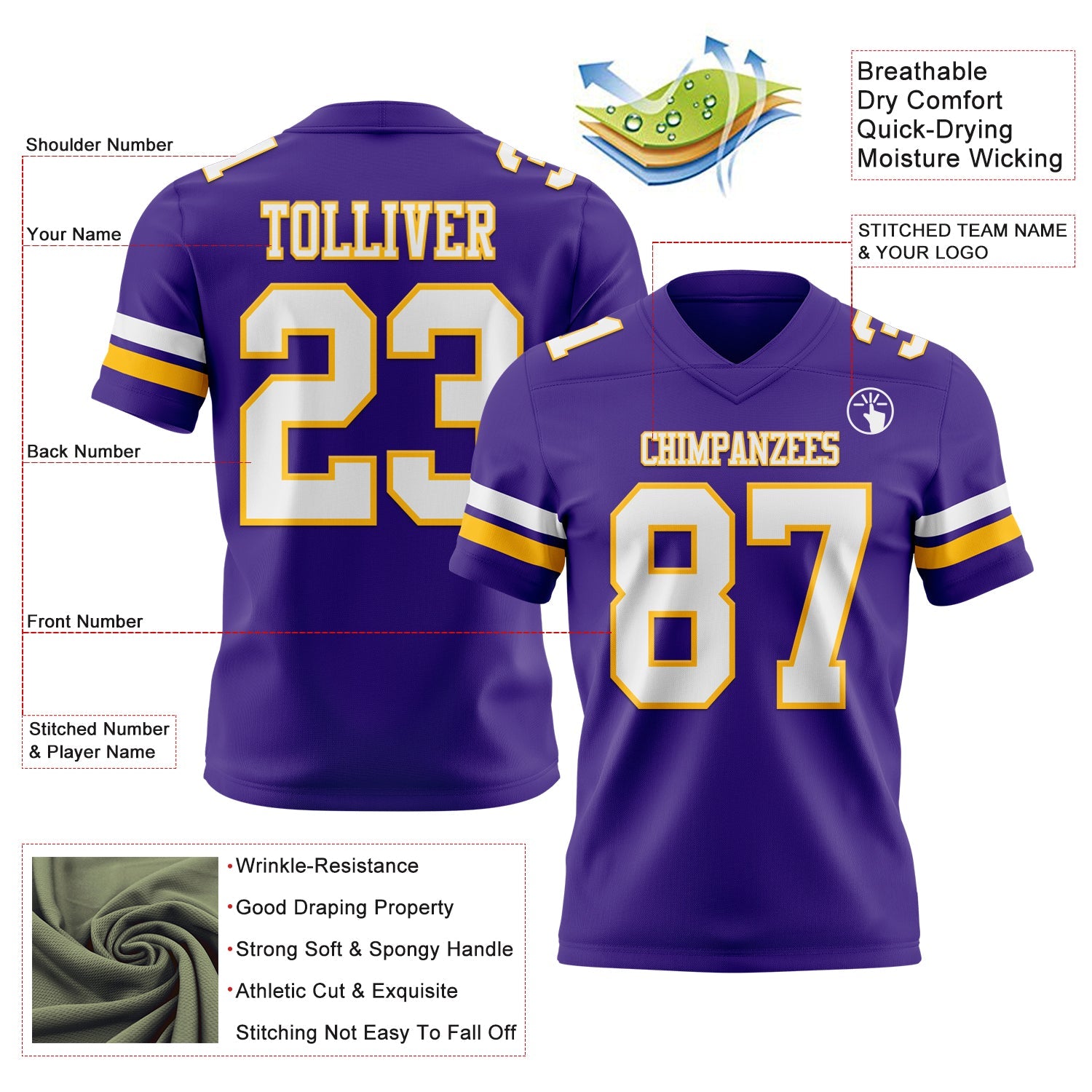 Custom Purple White-Gold Authentic Football Jersey