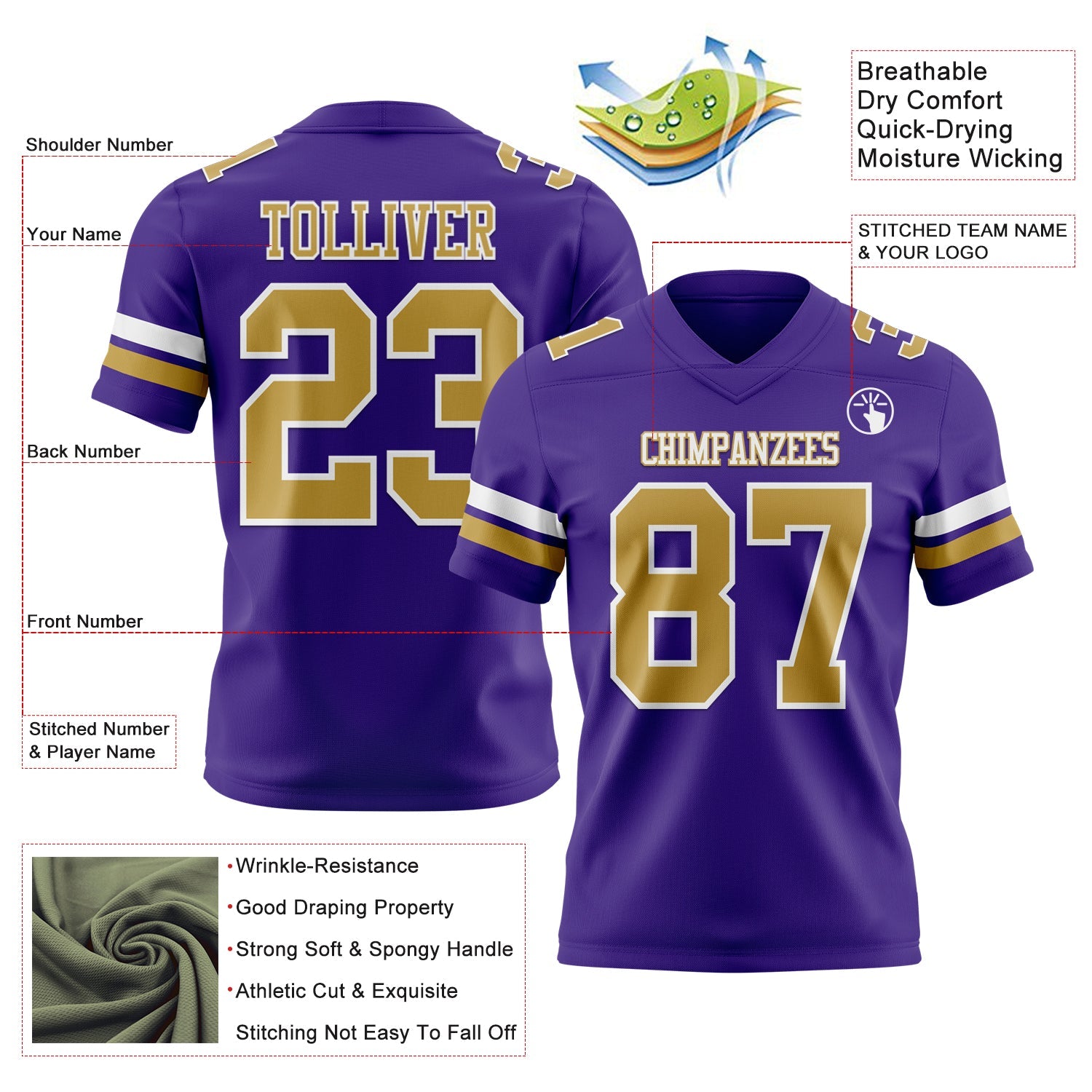 Custom Purple Old Gold-White Authentic Football Jersey