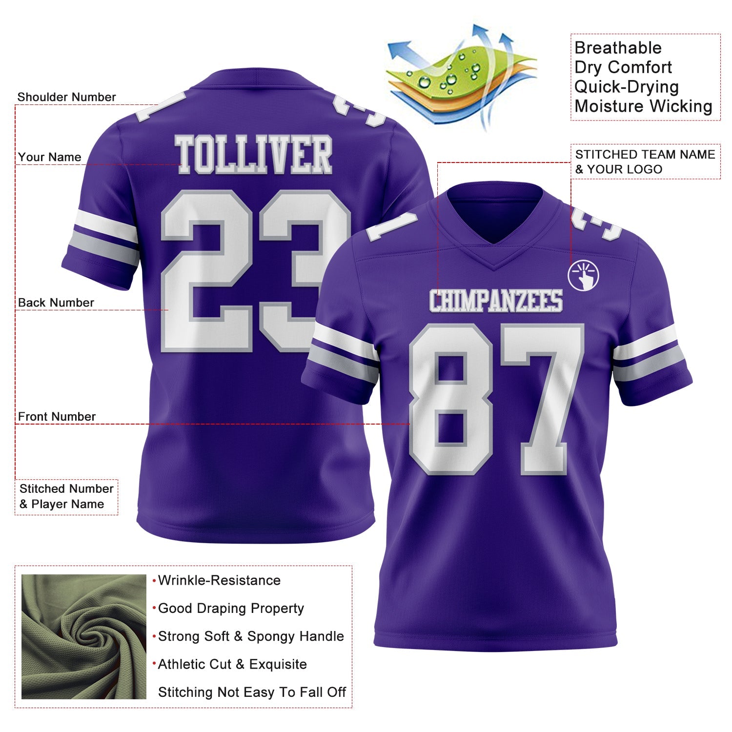 Custom Purple White-Gray Authentic Football Jersey