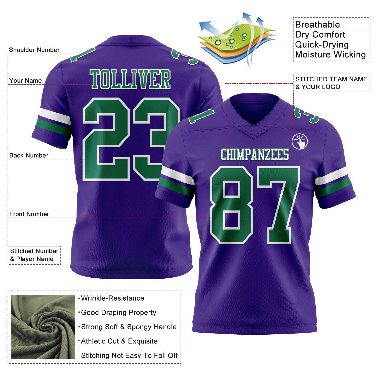 Custom Purple Kelly Green-White Authentic Football Jersey