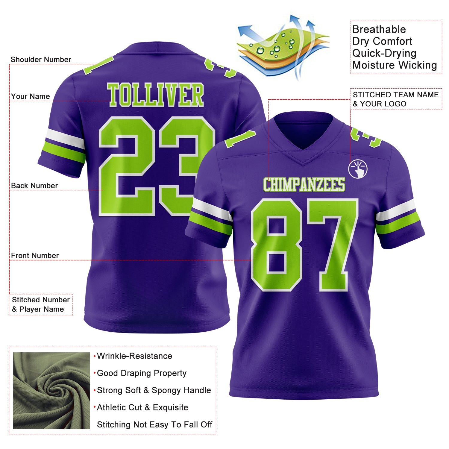 Custom Purple Neon Green-White Authentic Football Jersey