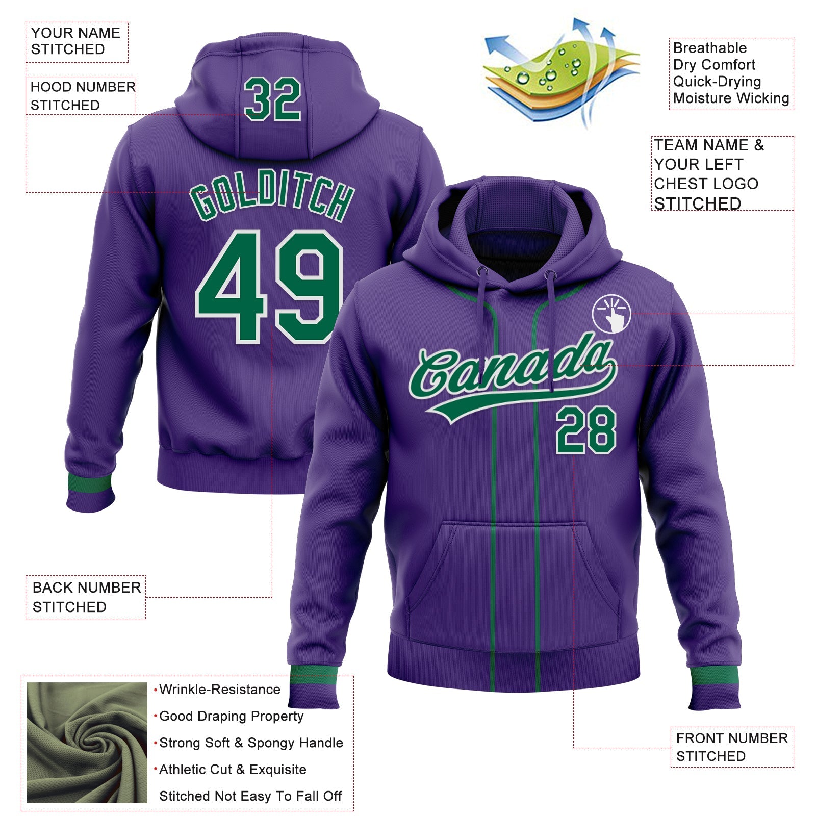 Custom Stitched Purple Kelly Green-White Baseball Pullover Sweatshirt Hoodie
