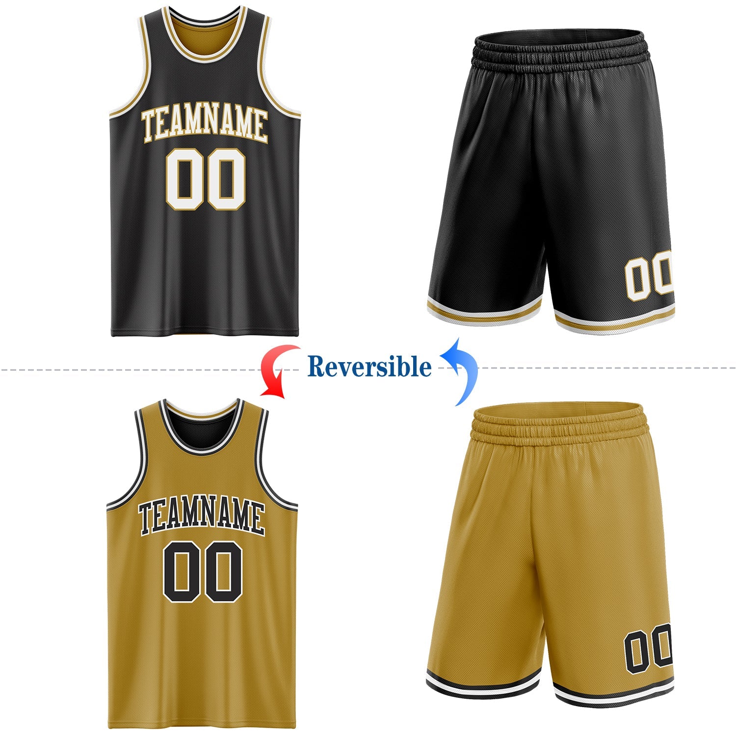 Custom Reversible Black White-Old Gold Double Side Sublimation Basketball Suit Jersey