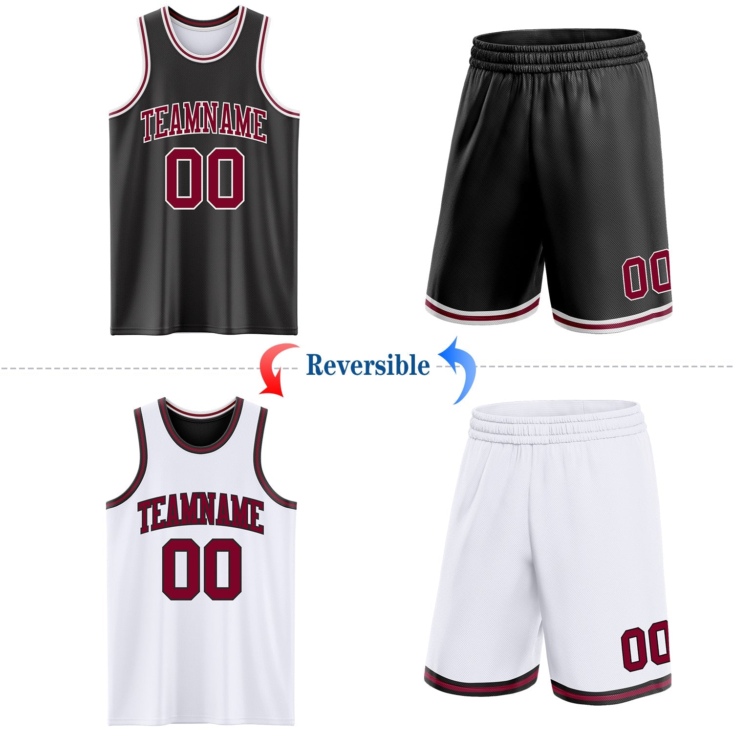 Custom Reversible Black Maroon-White Double Side Sublimation Basketball Suit Jersey