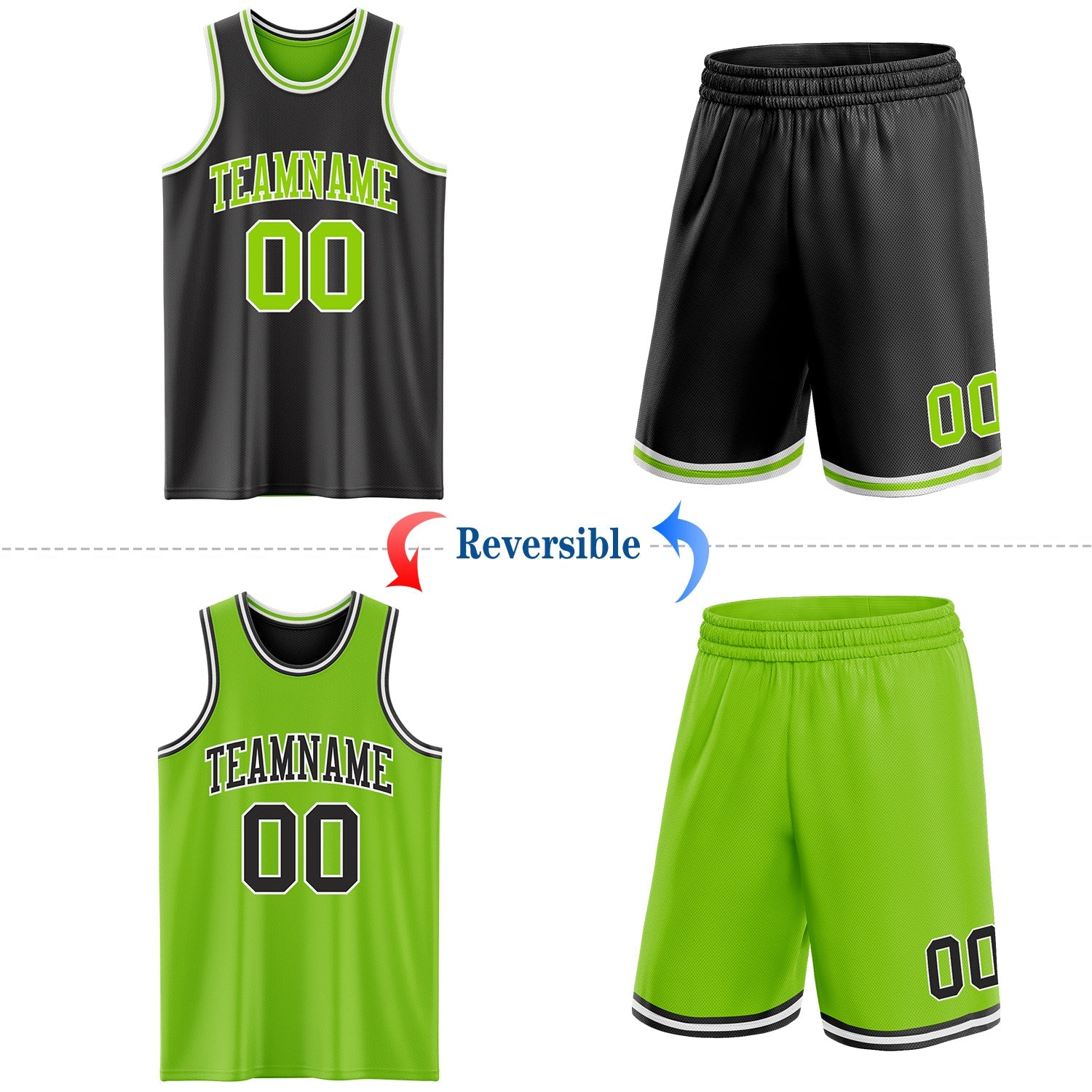 Custom Reversible Black Neon Green-White Double Side Sublimation Basketball Suit Jersey