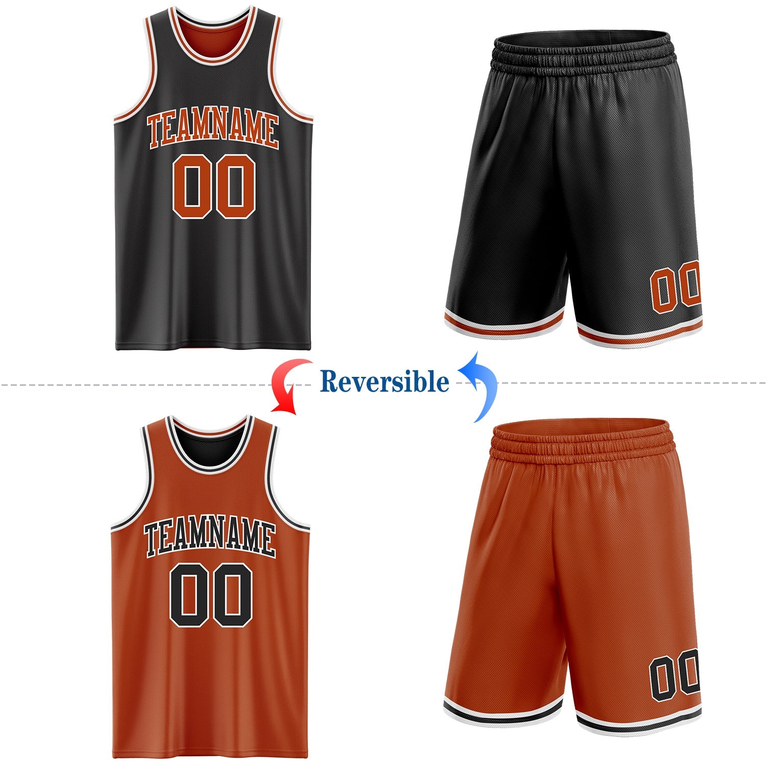 Custom Reversible Black Texas Orange-White Double Side Sublimation Basketball Suit Jersey