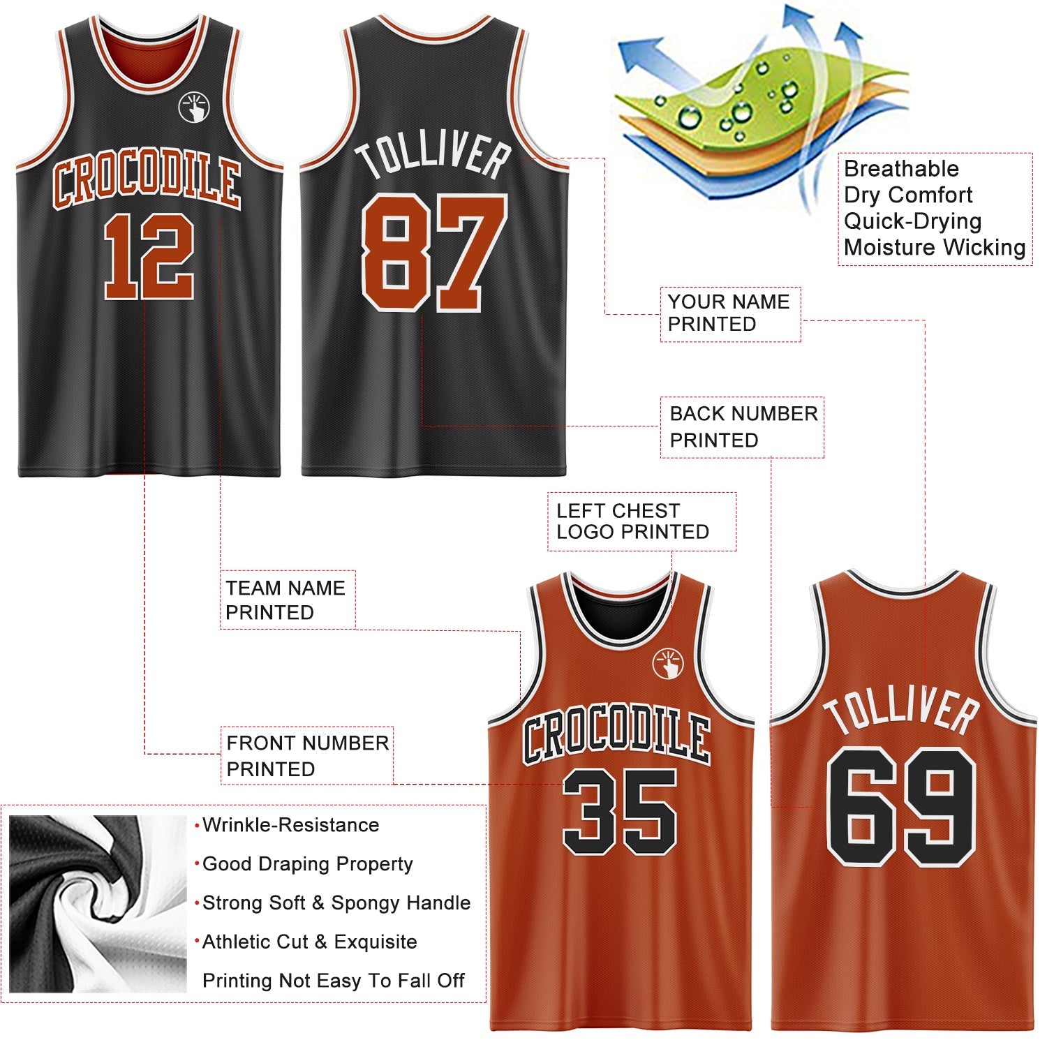 Custom Reversible Black Texas Orange-White Double Side Sublimation Basketball Suit Jersey