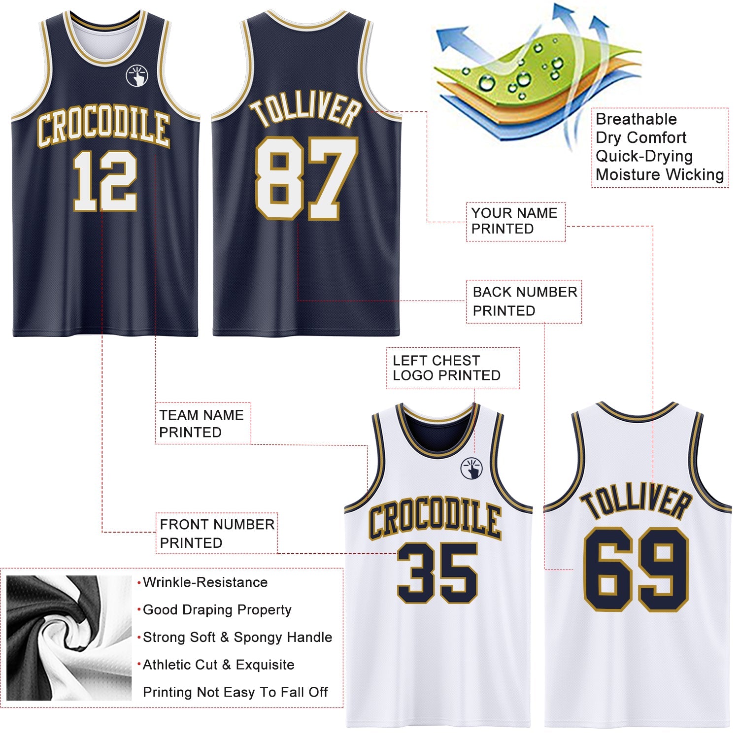 Custom Navy White-Old Gold Reversible Double Side Sublimation Basketball Suit Jersey