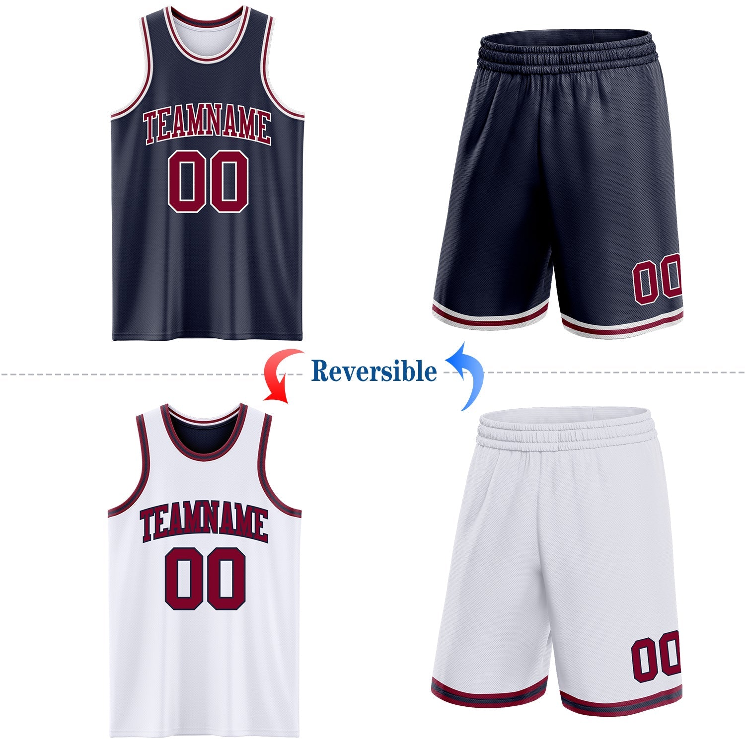 Custom Navy Maroon-White Reversible Double Side Sublimation Basketball Suit Jersey