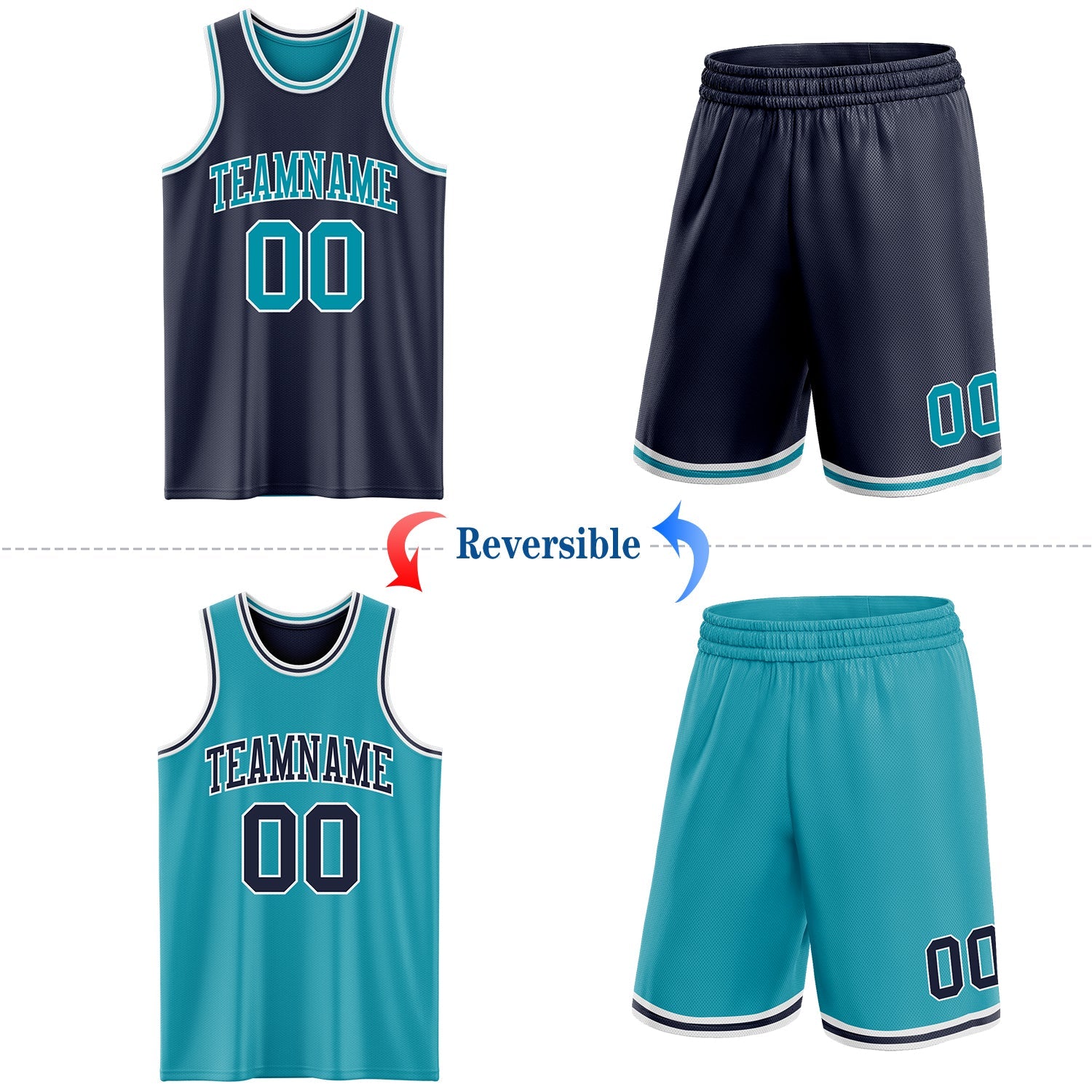 Custom Navy Teal-White Reversible Double Side Sublimation Basketball Suit Jersey