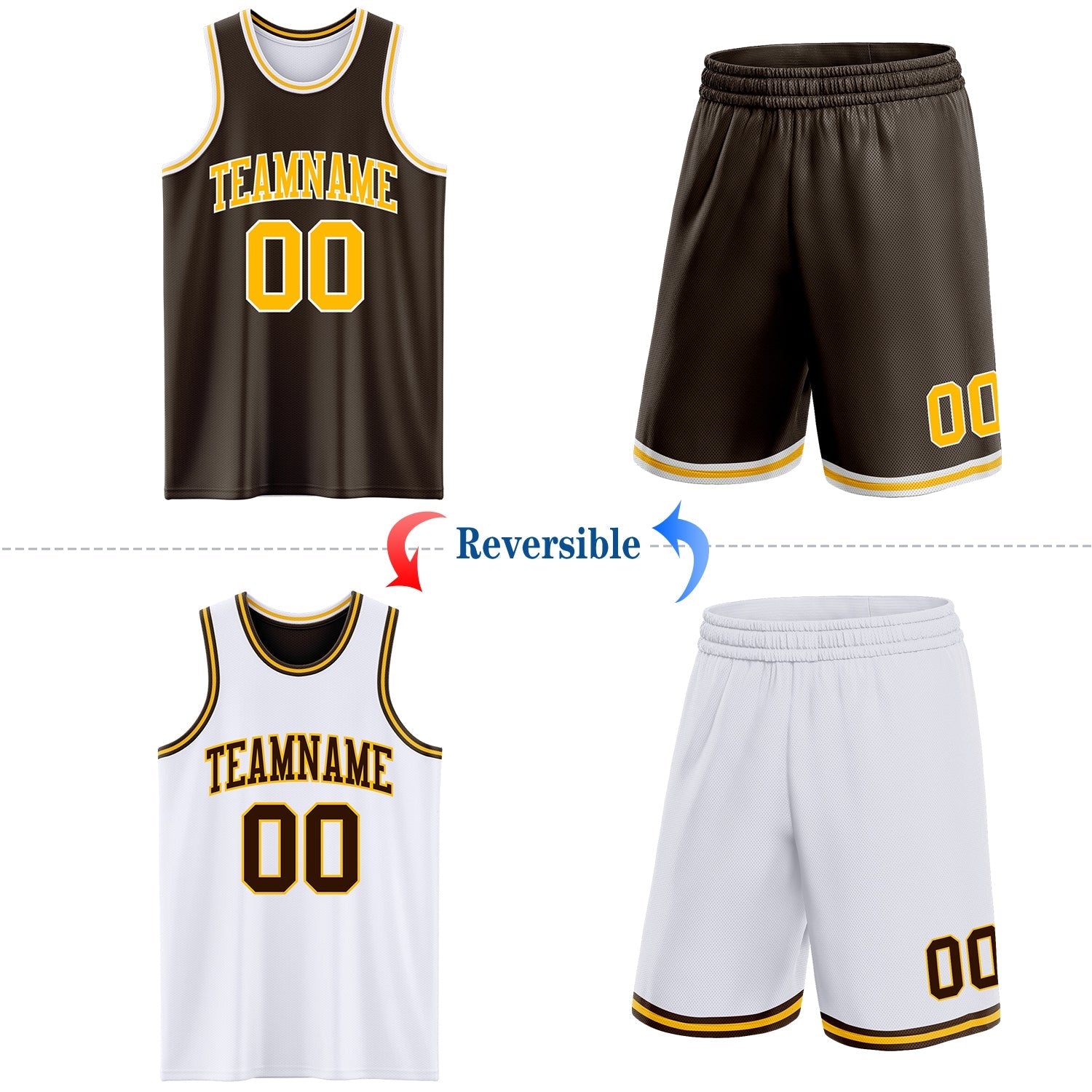 Custom Brown Gold-White Reversible Double Side Sublimation Basketball Suit Jersey