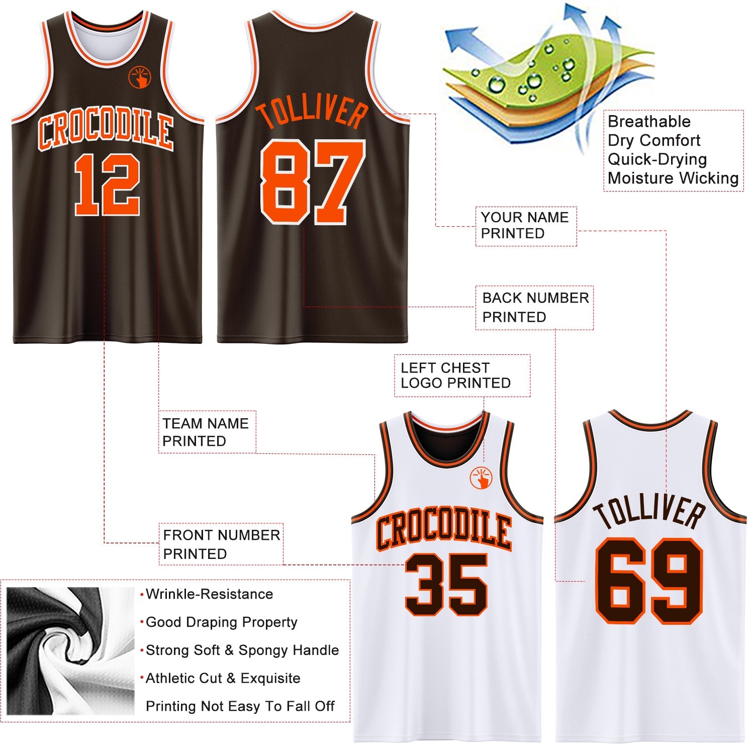 Custom Brown Orange-White Reversible Double Side Sublimation Basketball Suit Jersey