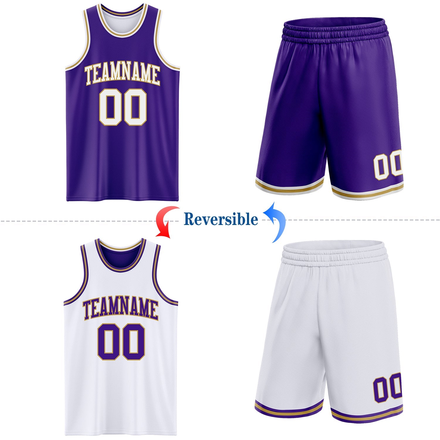 Custom Purple White-Old Gold Reversible Double Side Sublimation Basketball Suit Jersey