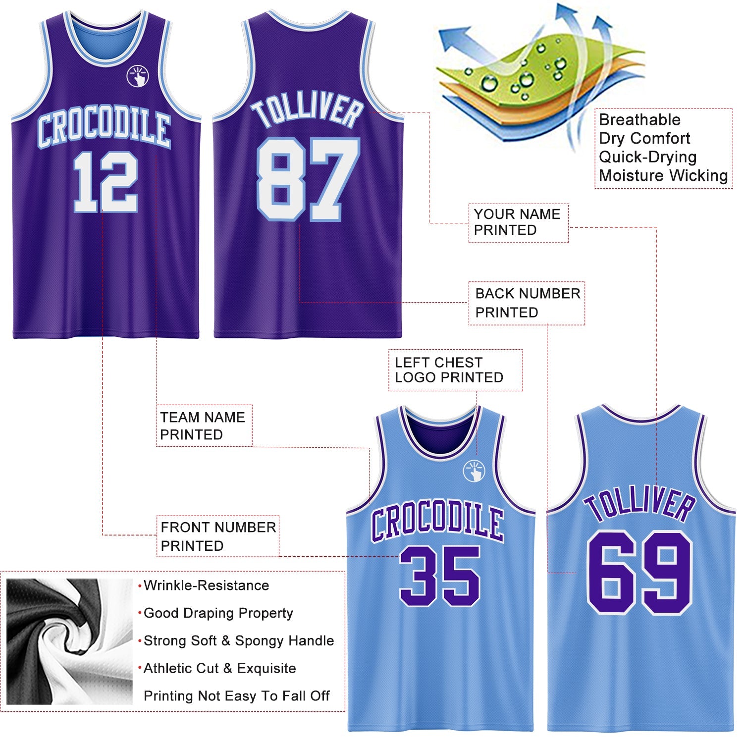 Custom Purple White-Light Blue Reversible Double Side Sublimation Basketball Suit Jersey