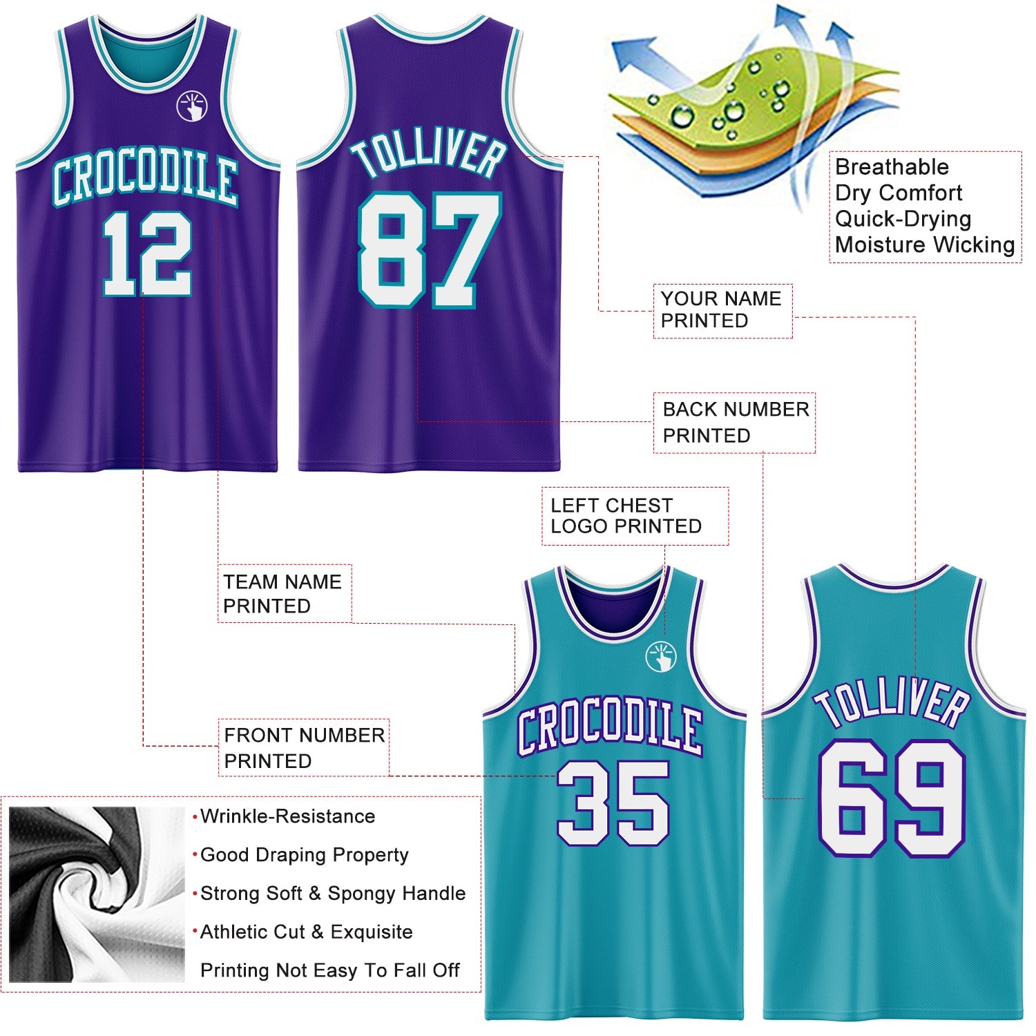 Custom Purple White-Teal Reversible Double Side Sublimation Basketball Suit Jersey