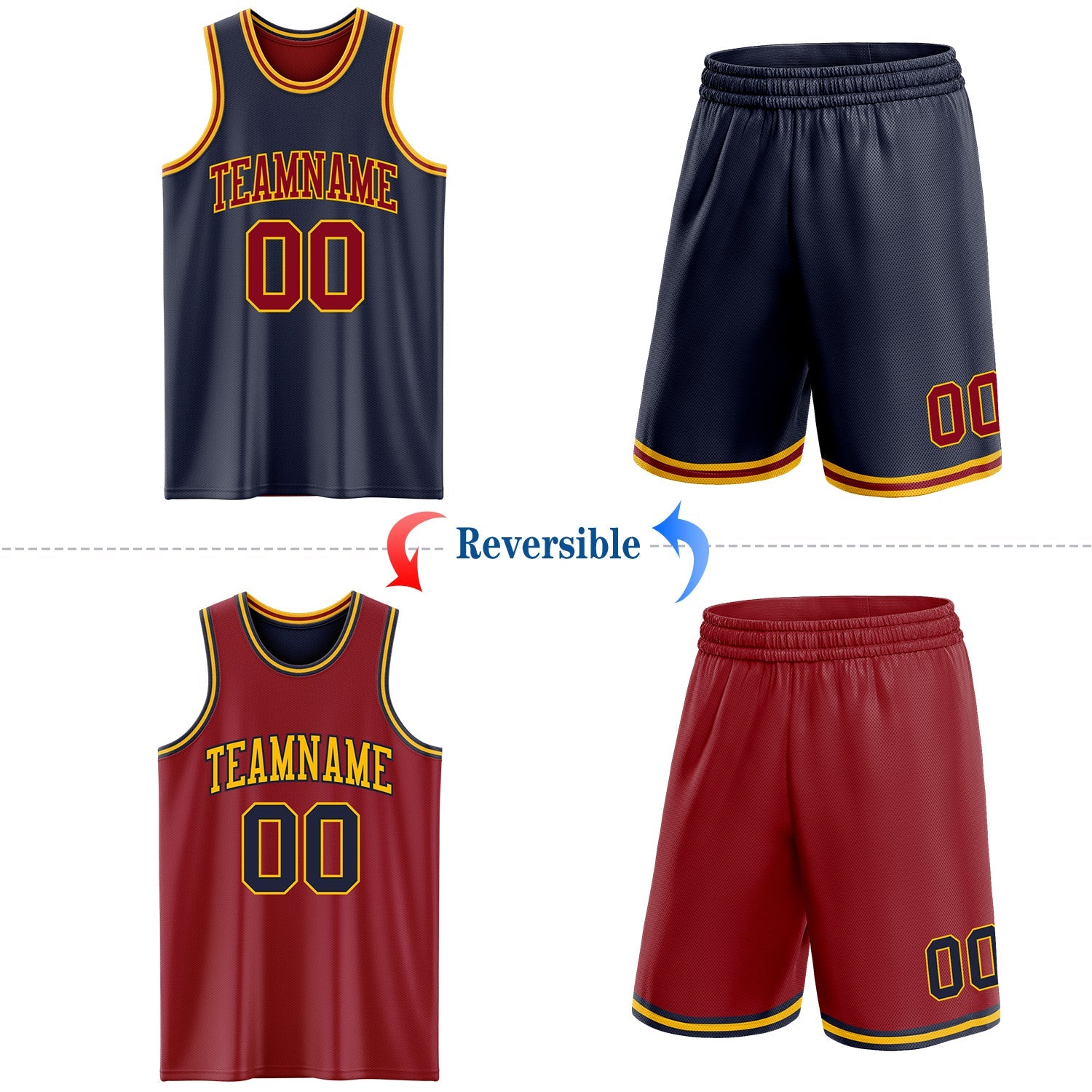 Custom Reversible Navy Maroon-Gold Double Side Sublimation Basketball Suit Jersey