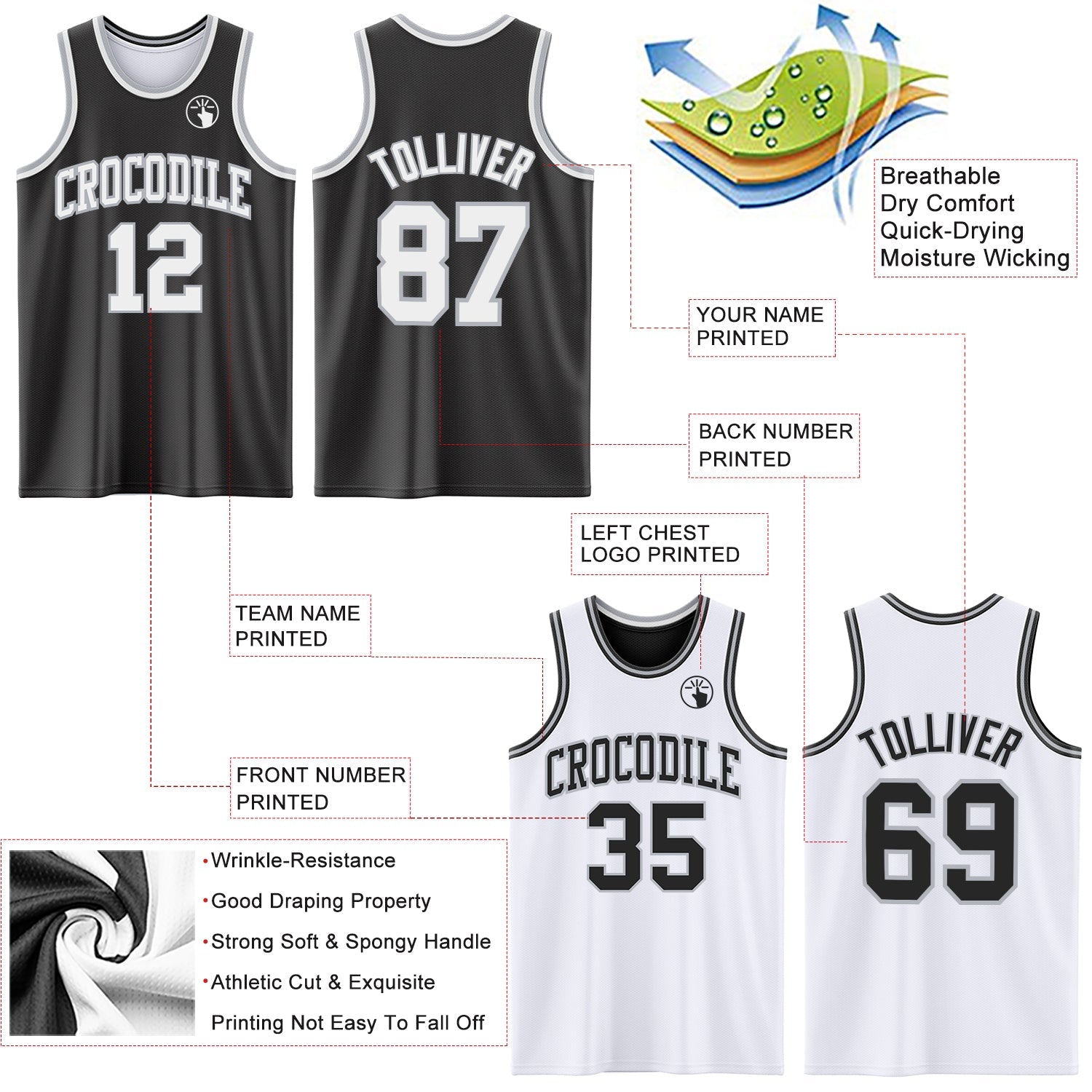 Custom Reversible Black White-Gray Double Side Sublimation Basketball Suit Jersey