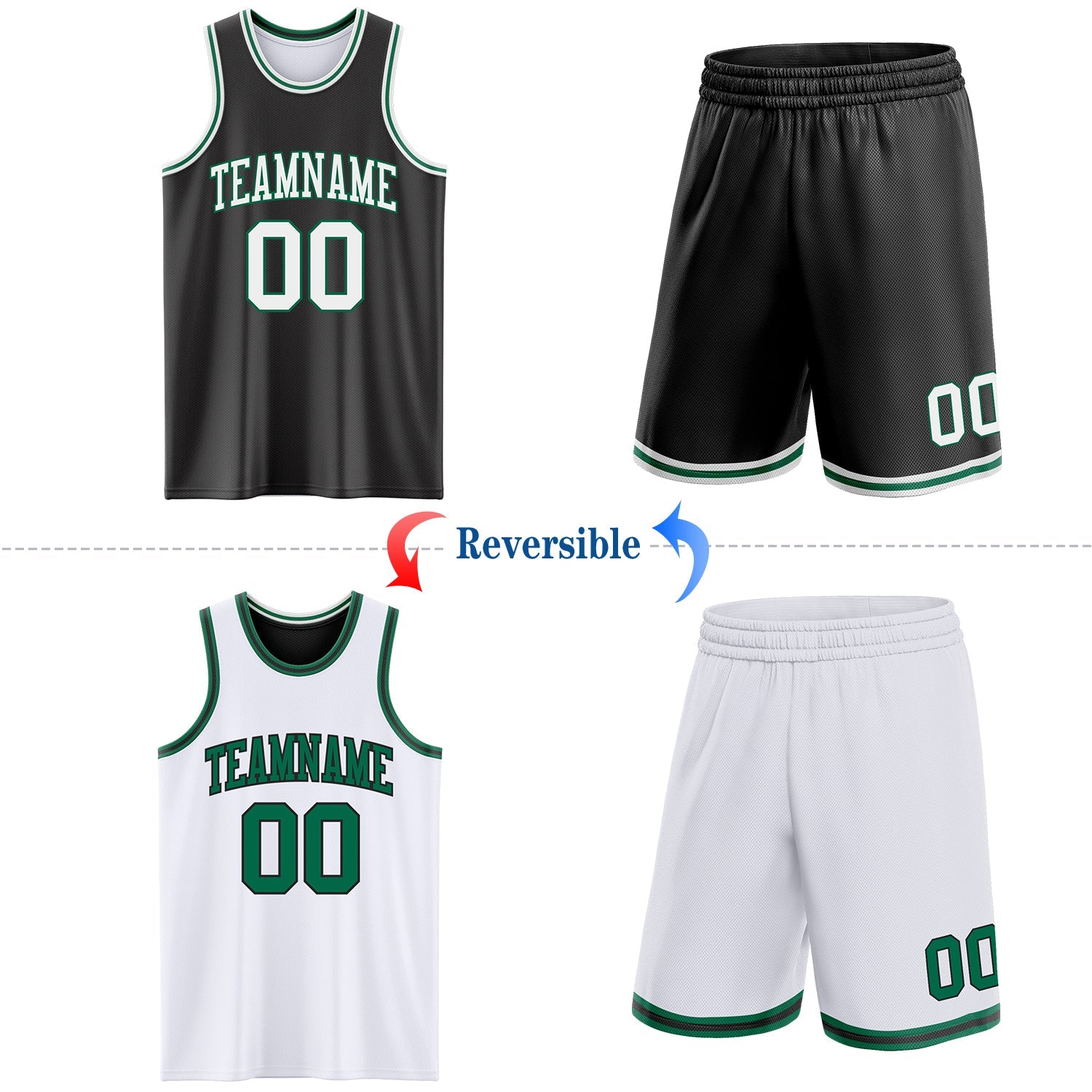 Custom Reversible Black White-Kelly Green Double Side Sublimation Basketball Suit Jersey