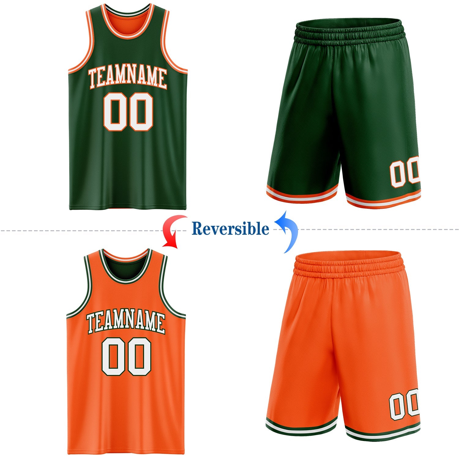 Custom Reversible Green White-Orange Double Side Sublimation Basketball Suit Jersey