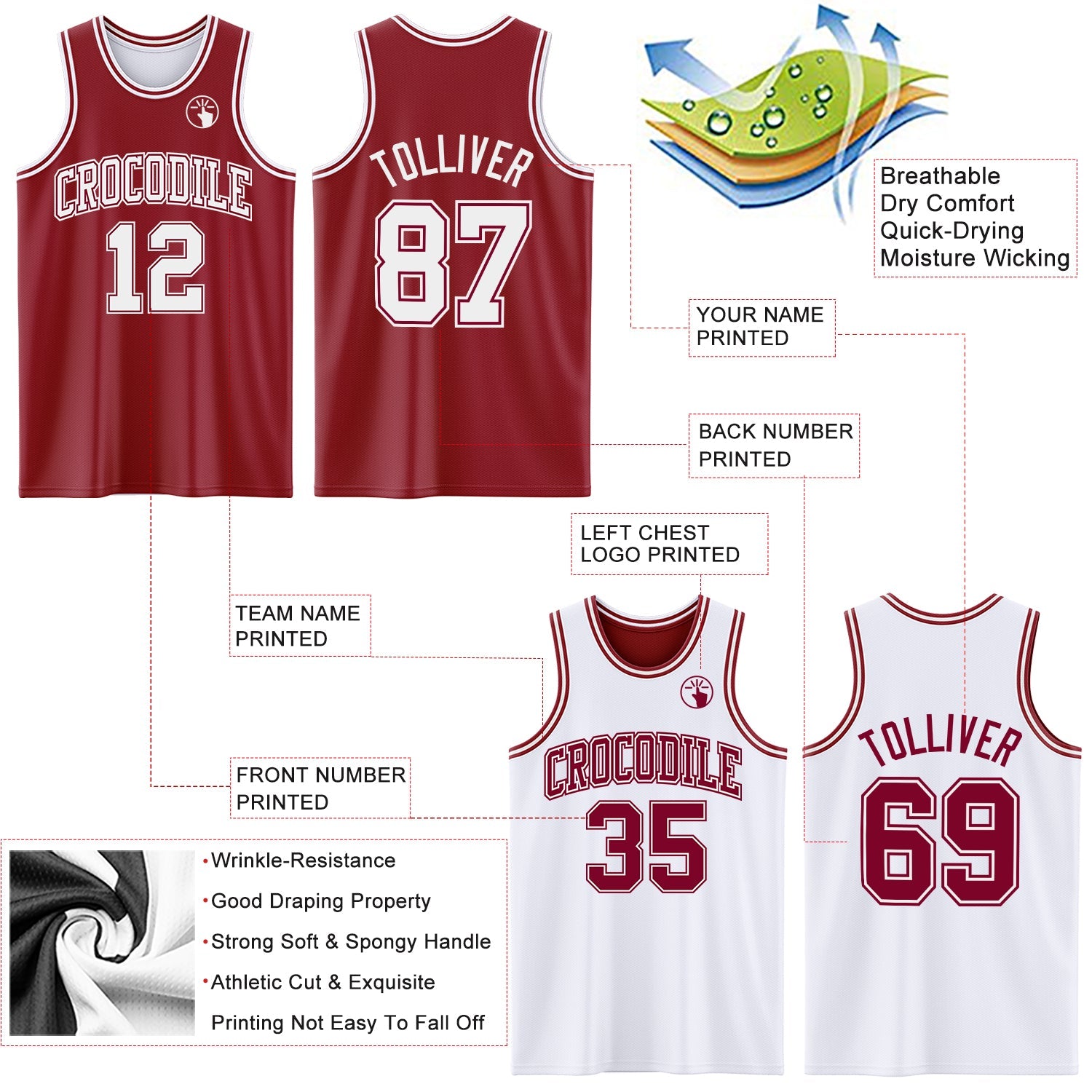 Custom Reversible Maroon White Double Side Sublimation Basketball Suit Jersey