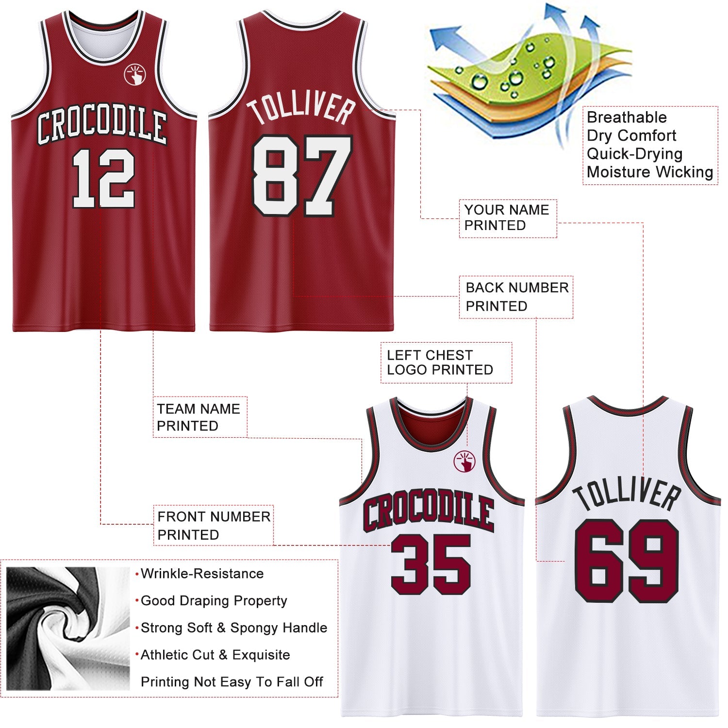 Custom Reversible Maroon White-Black Double Side Sublimation Basketball Suit Jersey