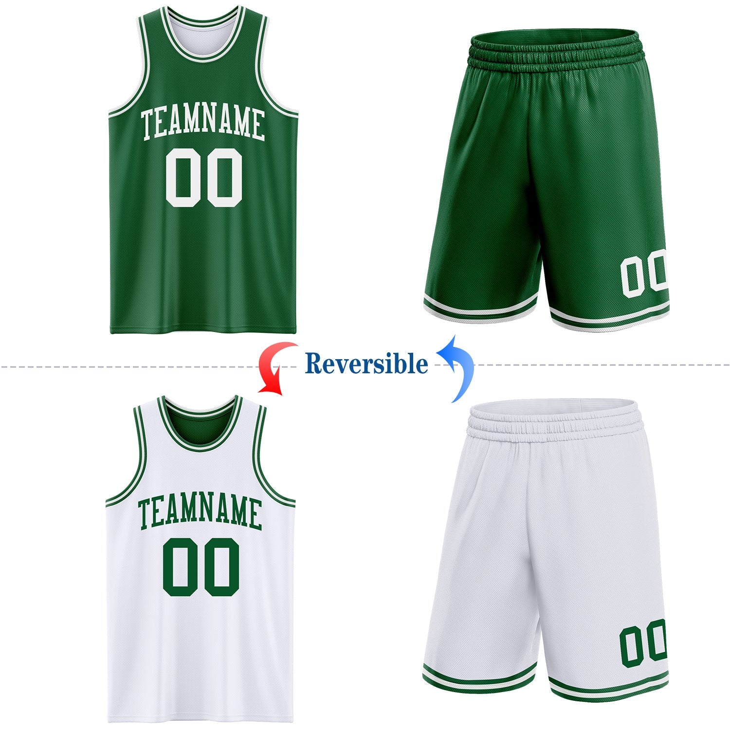 Custom Reversible Kelly Green White Double Side Sublimation Basketball Suit Jersey