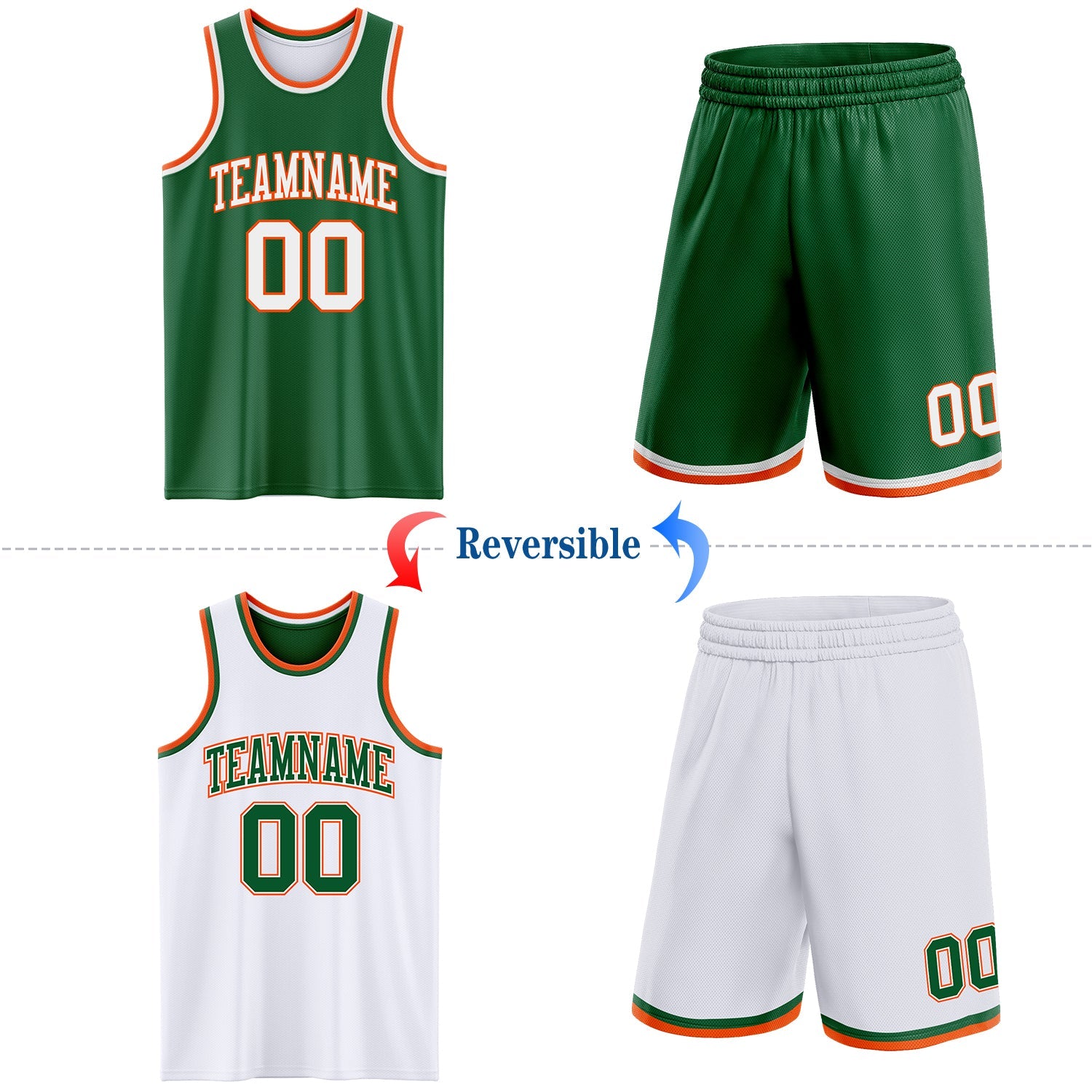Custom Reversible Kelly Green White-Orange Double Side Sublimation Basketball Suit Jersey