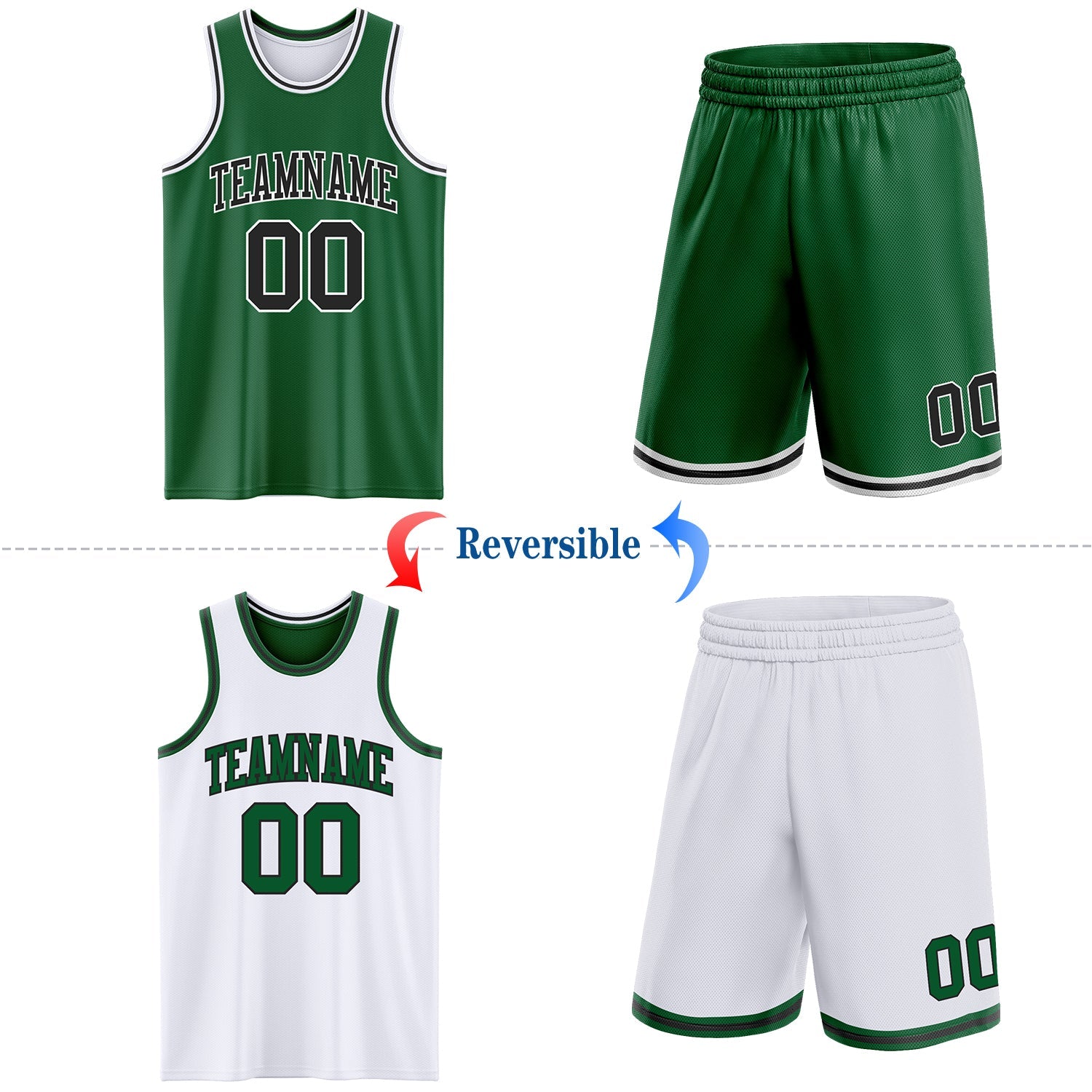 Custom Reversible Kelly Green Black-White Double Side Sublimation Basketball Suit Jersey