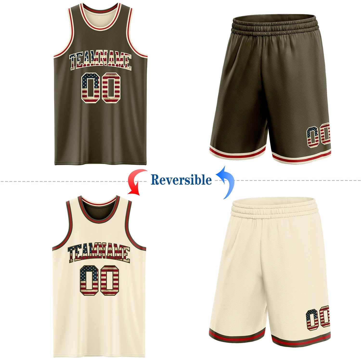 Custom Reversible Olive Vintage USA Flag Cream-Red Double Side Salute To Service Sublimation Basketball Suit Jersey