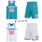 Custom Reversible Teal White-Pink Double Side Sublimation Basketball Suit Jersey