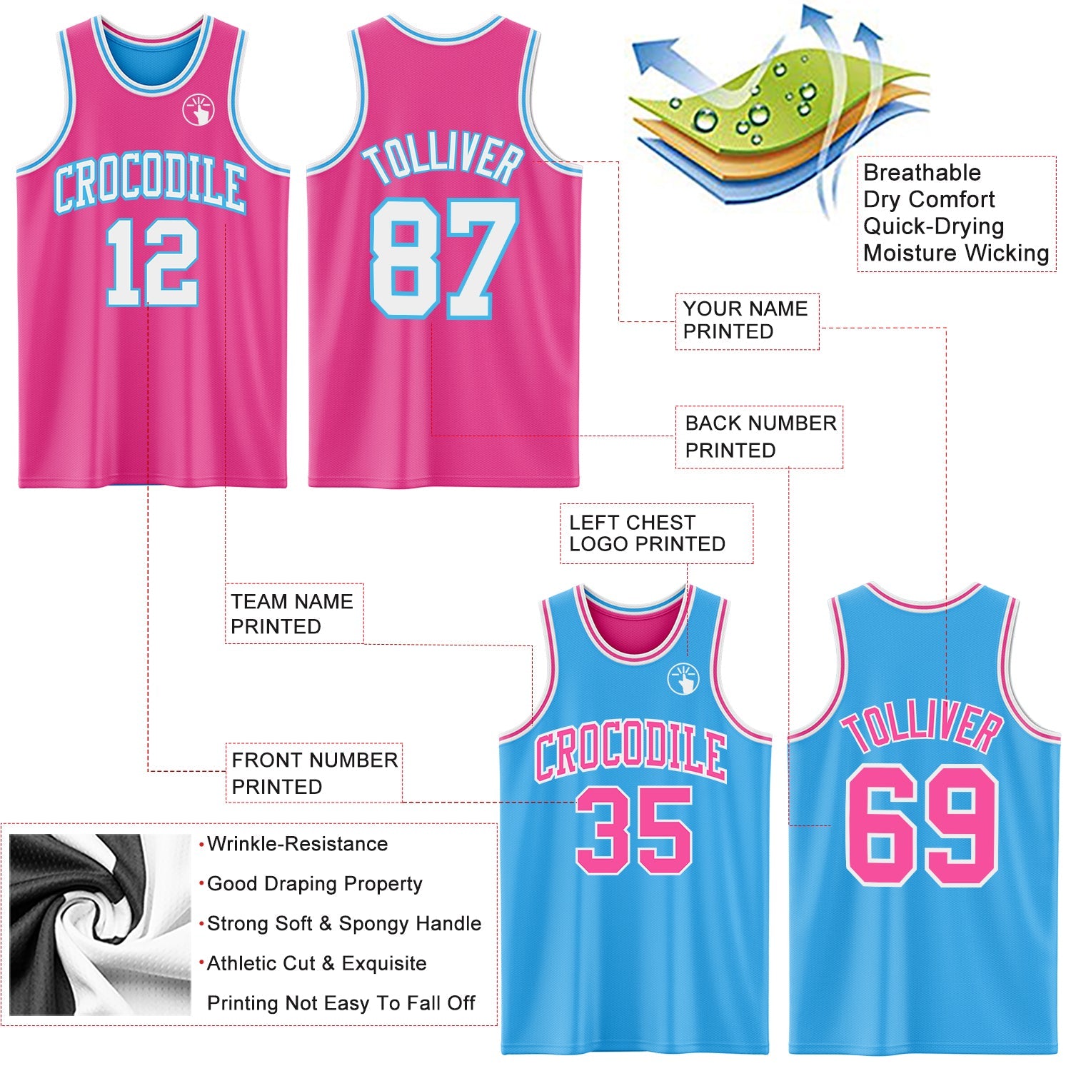 Custom Reversible Pink White-Sky Blue Double Side Sublimation Basketball Suit Jersey