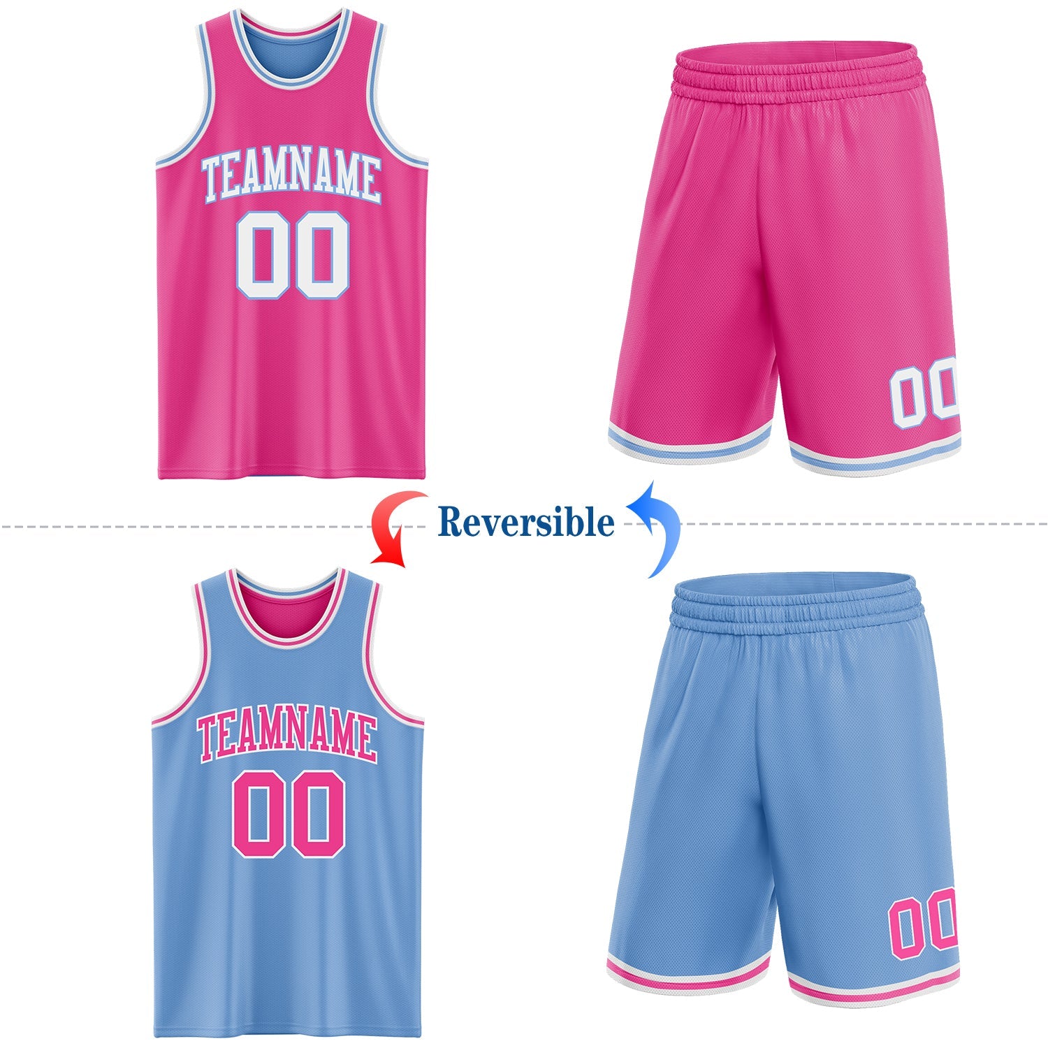 Custom Reversible Pink White-Light Blue Double Side Sublimation Basketball Suit Jersey