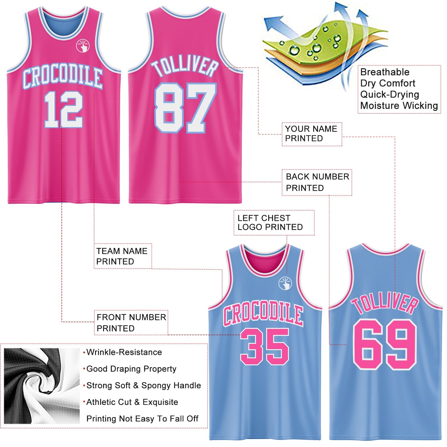 Custom Reversible Pink White-Light Blue Double Side Sublimation Basketball Suit Jersey