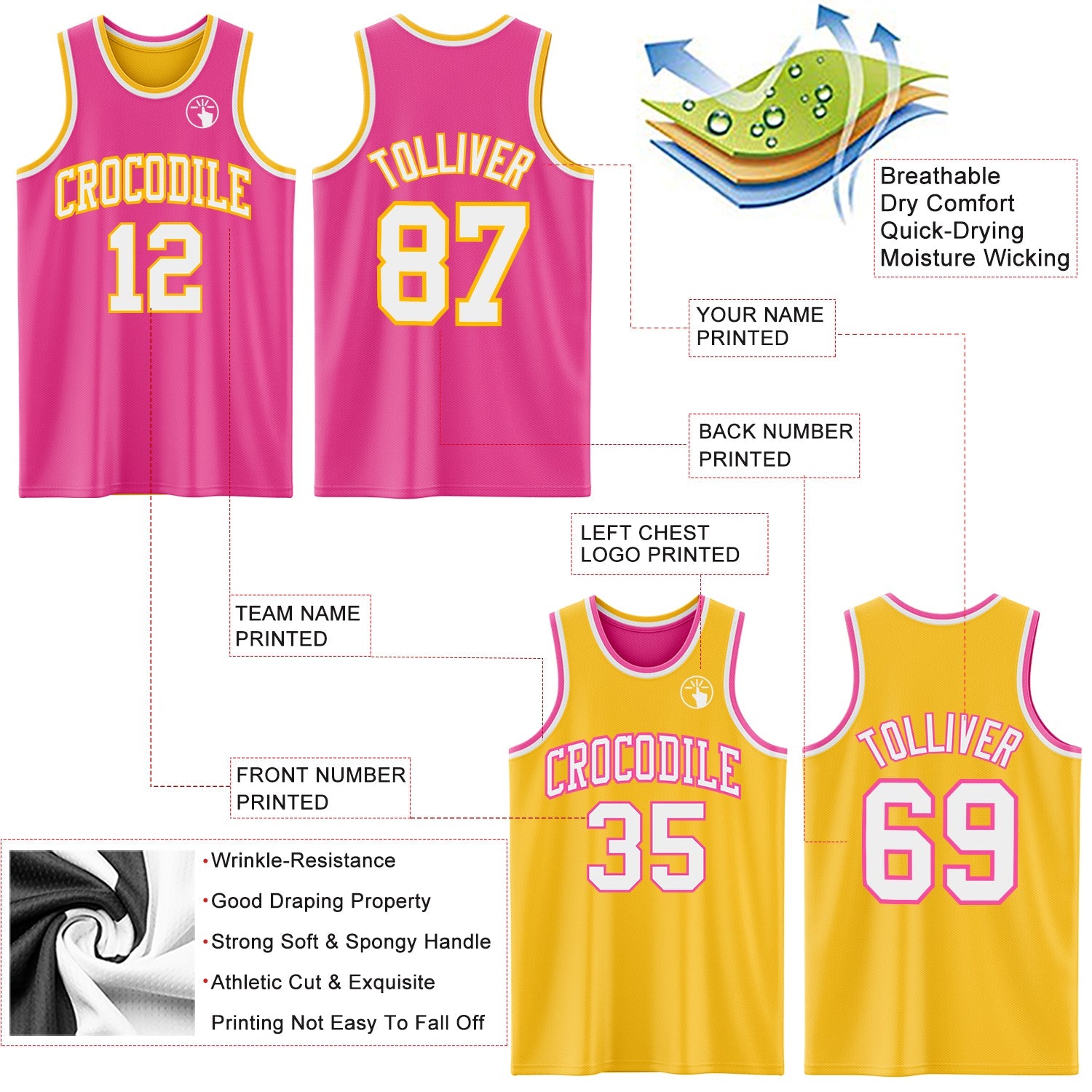 Custom Reversible Pink White-Gold Double Side Sublimation Basketball Suit Jersey