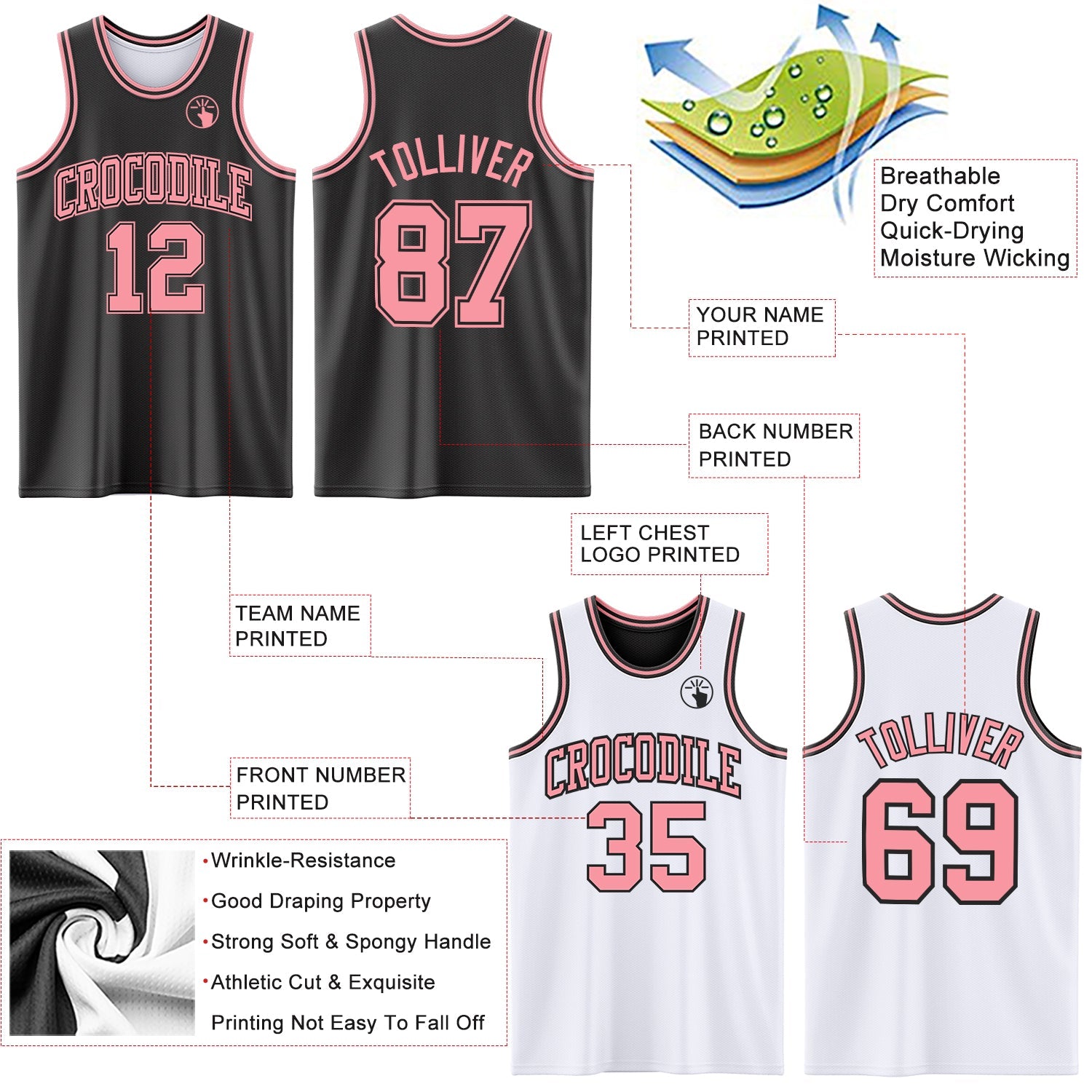 Custom Reversible Black Medium Pink Double Side Sublimation Basketball Suit Jersey