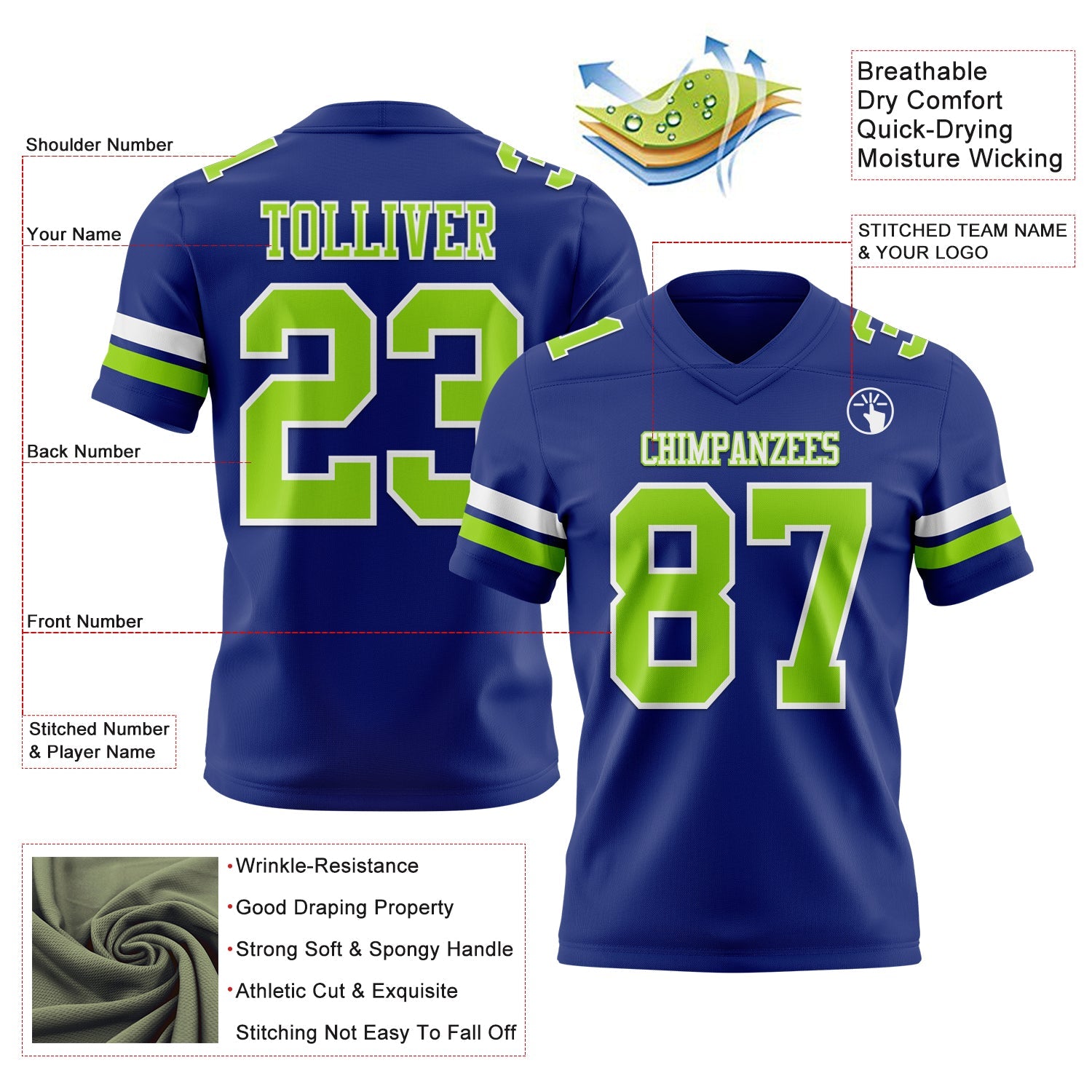 Custom Royal Neon Green-White Authentic Football Jersey