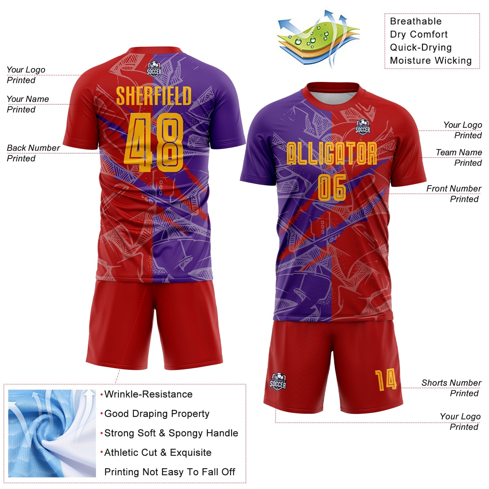 Custom Graffiti Pattern Yellow Red-Purple Scratch Sublimation Soccer Uniform Jersey