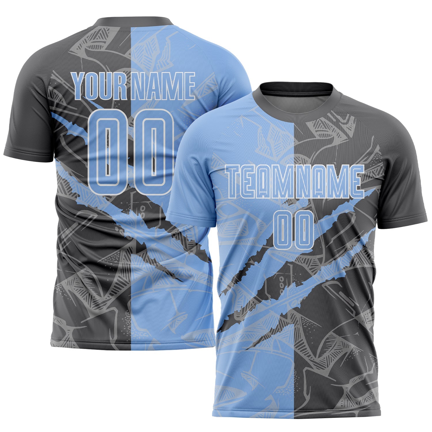 Custom Graffiti Pattern Light Blue-Steel Gray Scratch Sublimation Soccer Uniform Jersey