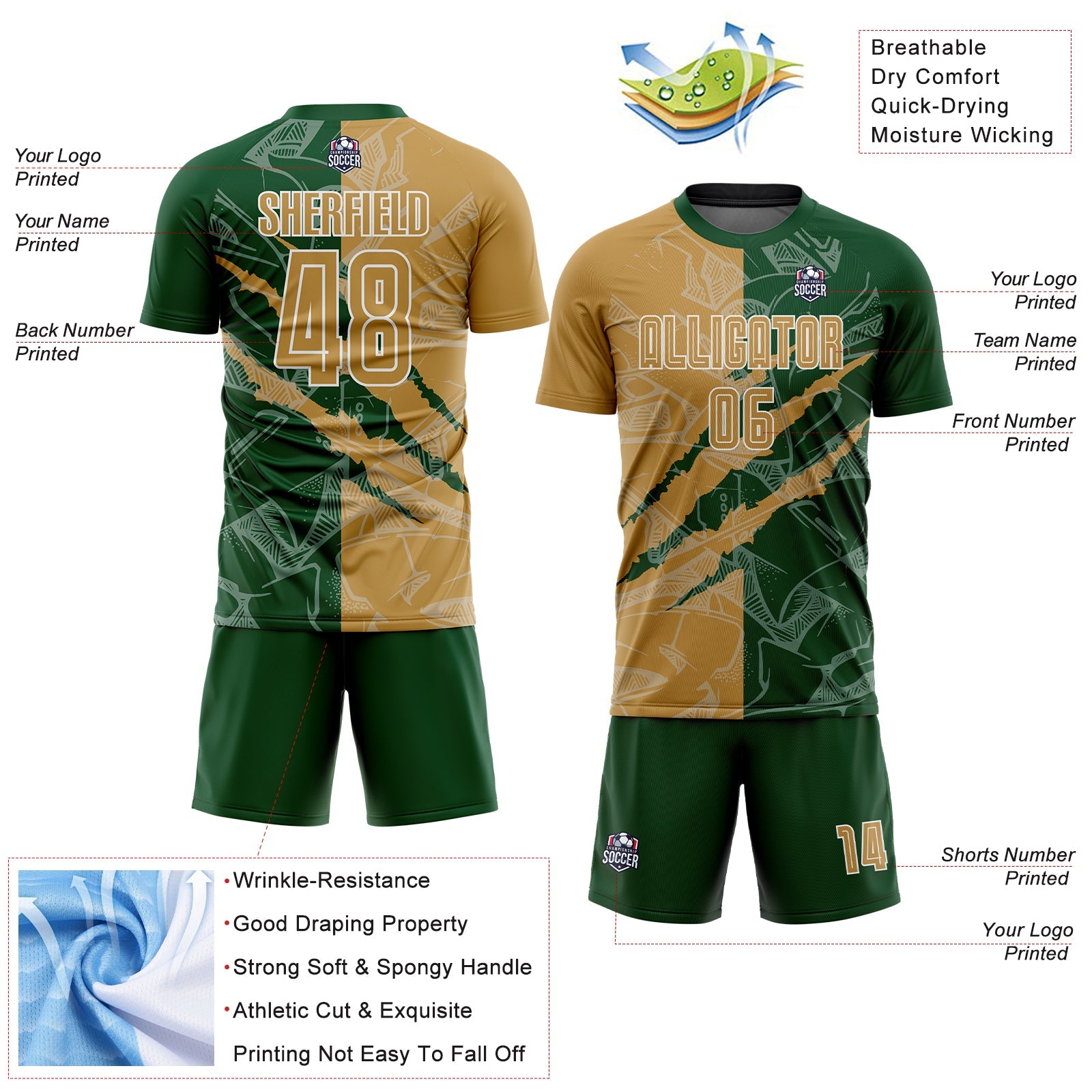Custom Graffiti Pattern Old Gold-Green Scratch Sublimation Soccer Uniform Jersey