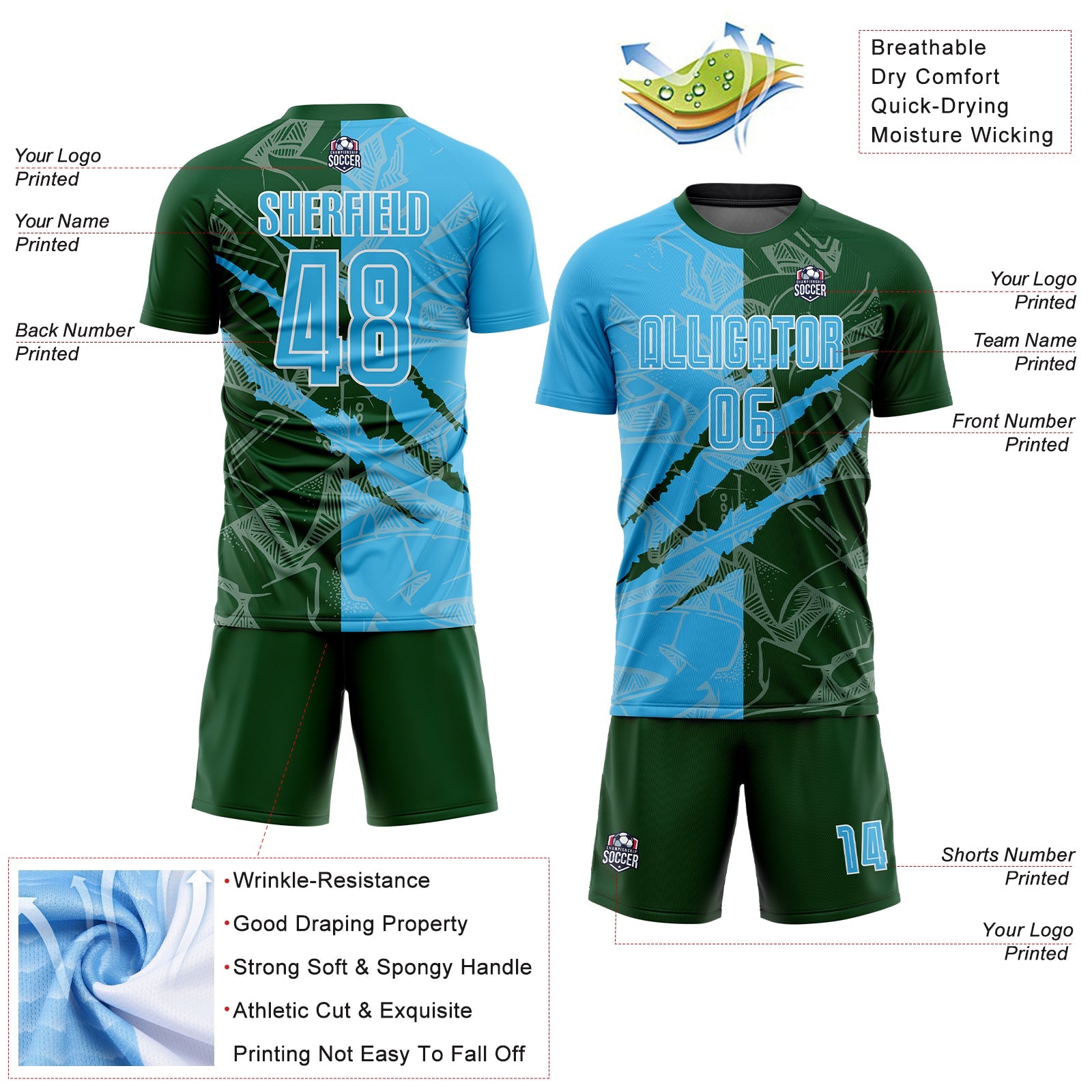 Custom Graffiti Pattern Sky Blue-Green Scratch Sublimation Soccer Uniform Jersey