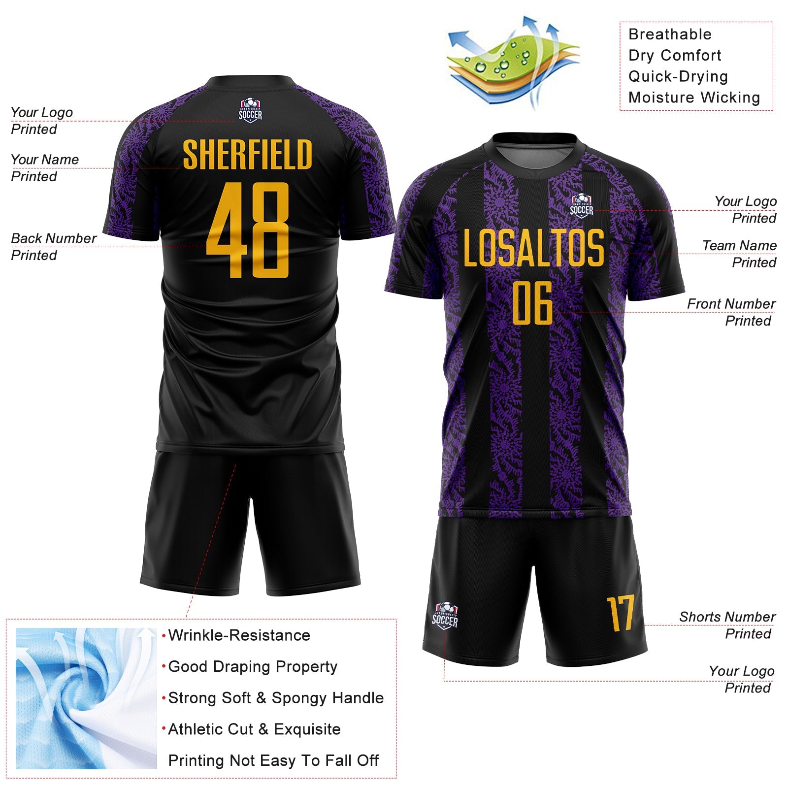 Custom Black Gold-Purple Abstract Shape Sublimation Soccer Uniform Jersey