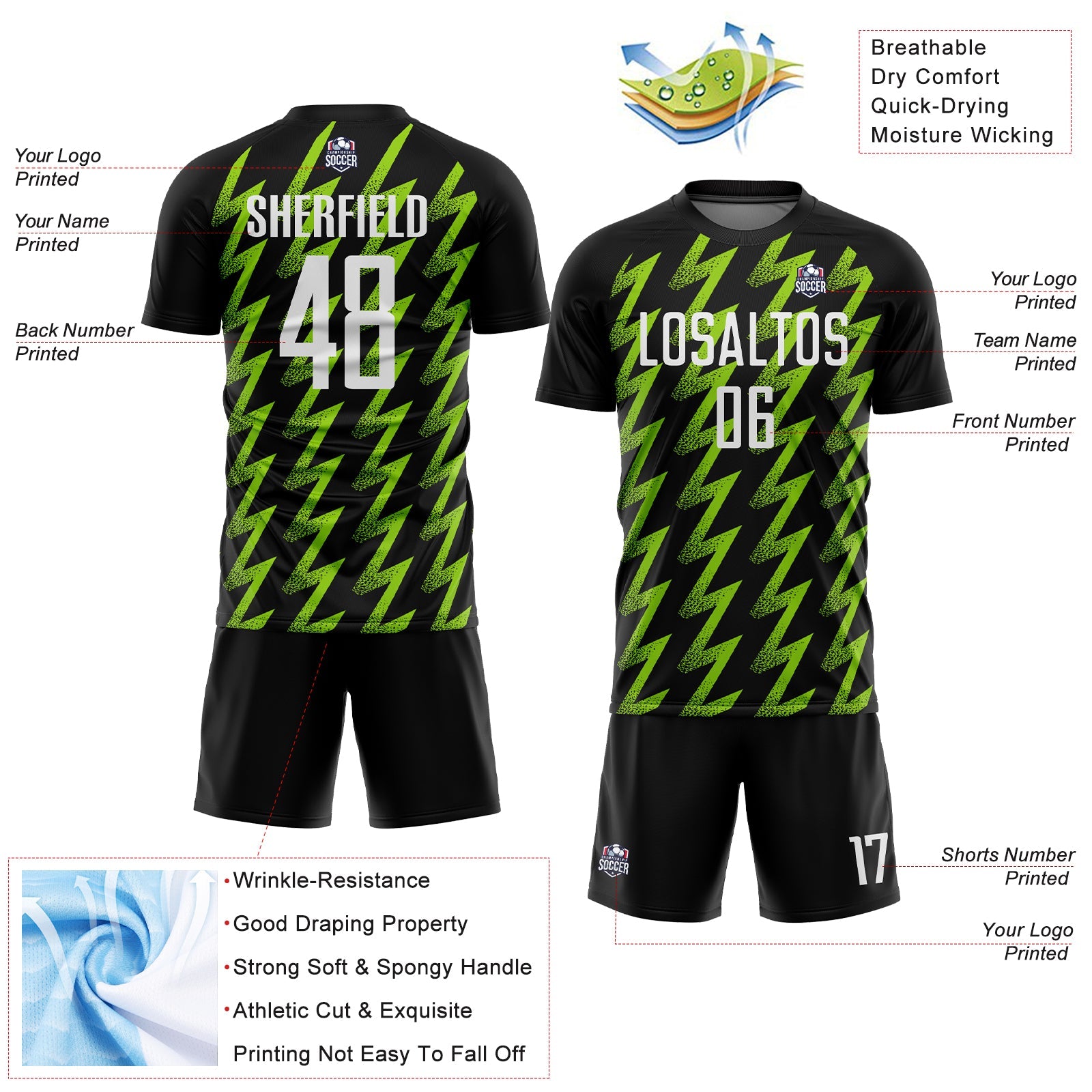 Custom Black White-Neon Green Zigzag Shape Sublimation Soccer Uniform Jersey
