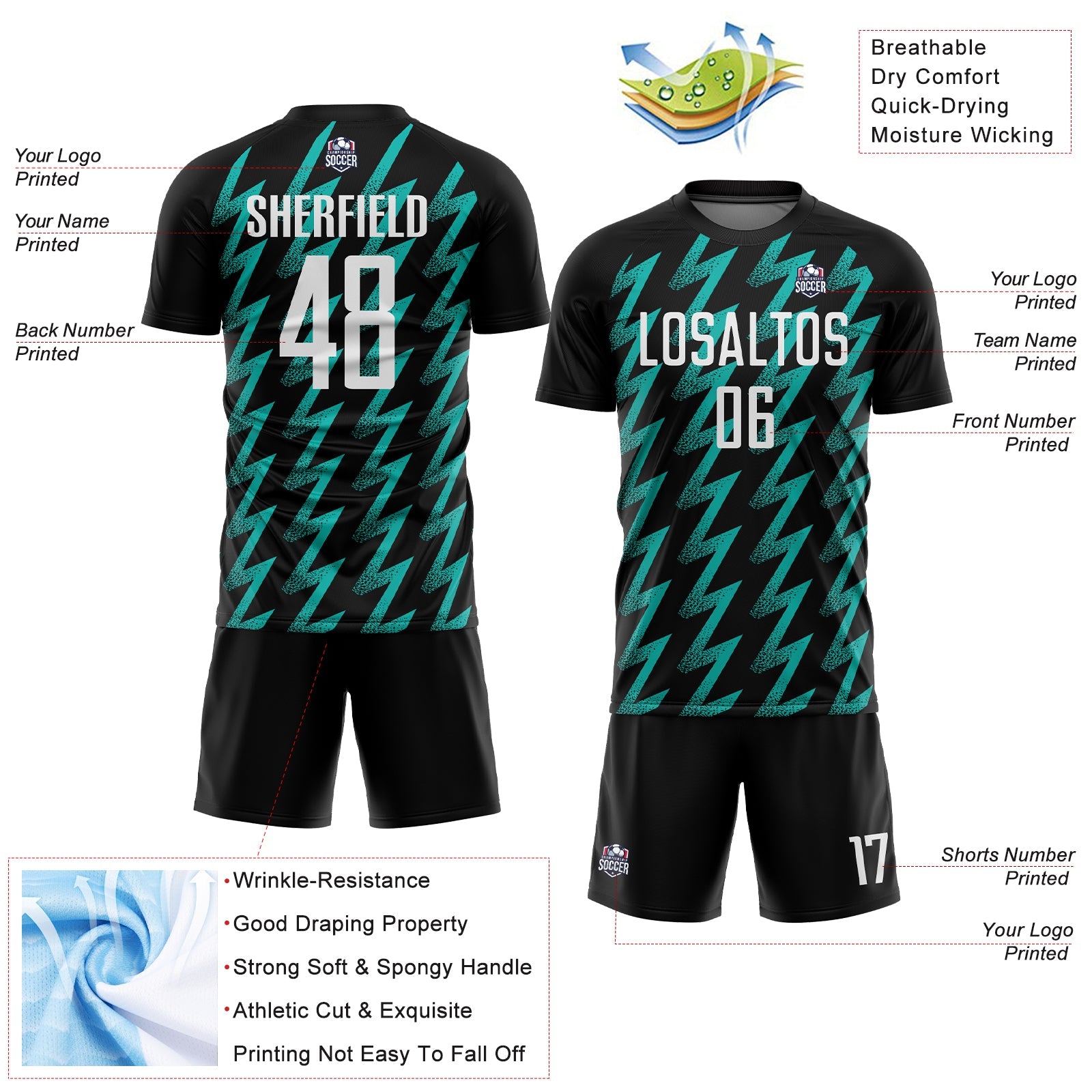 Custom Black White-Aqua Zigzag Shape Sublimation Soccer Uniform Jersey