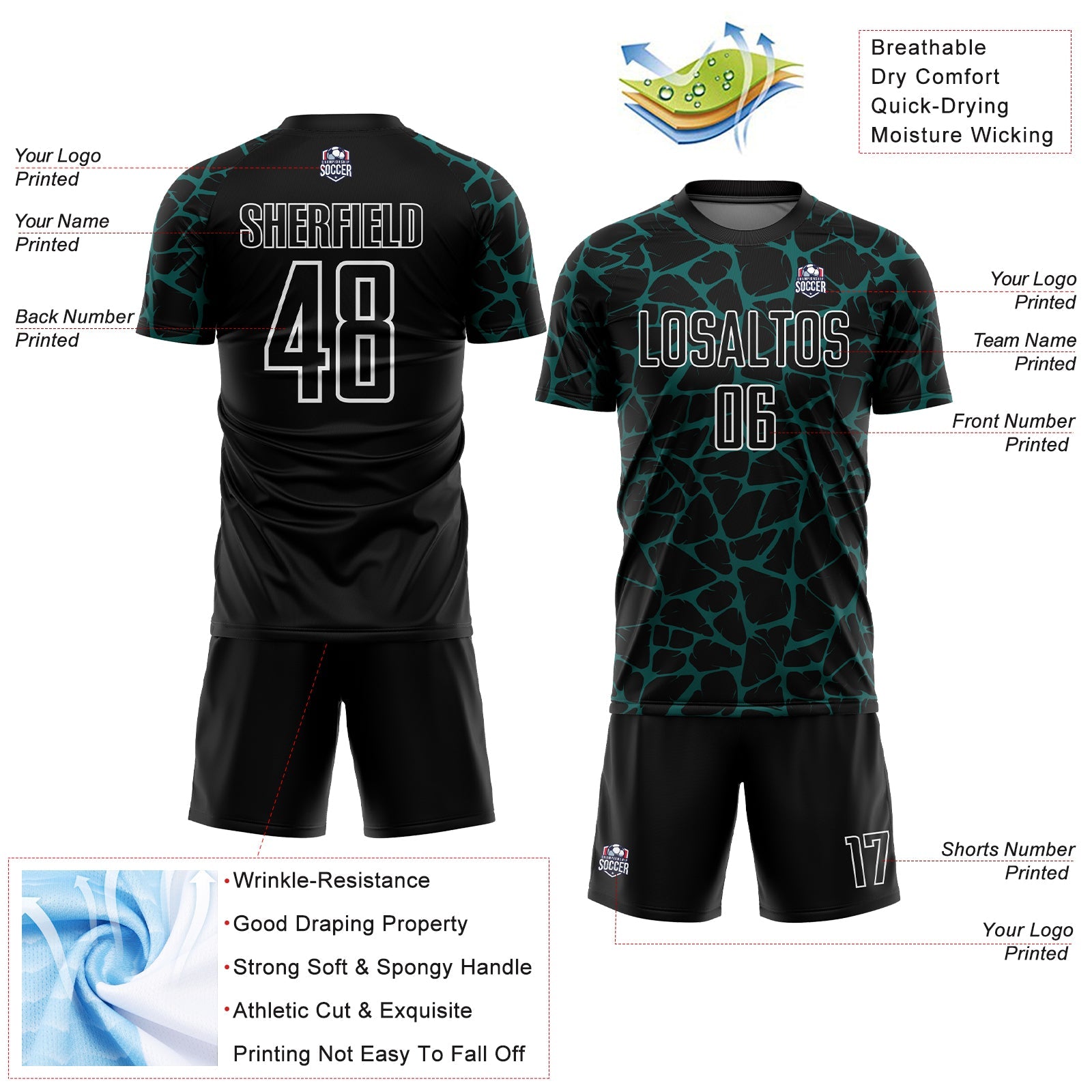 Custom Black Midnight Green-White Abstract Network Splash Sublimation Soccer Uniform Jersey